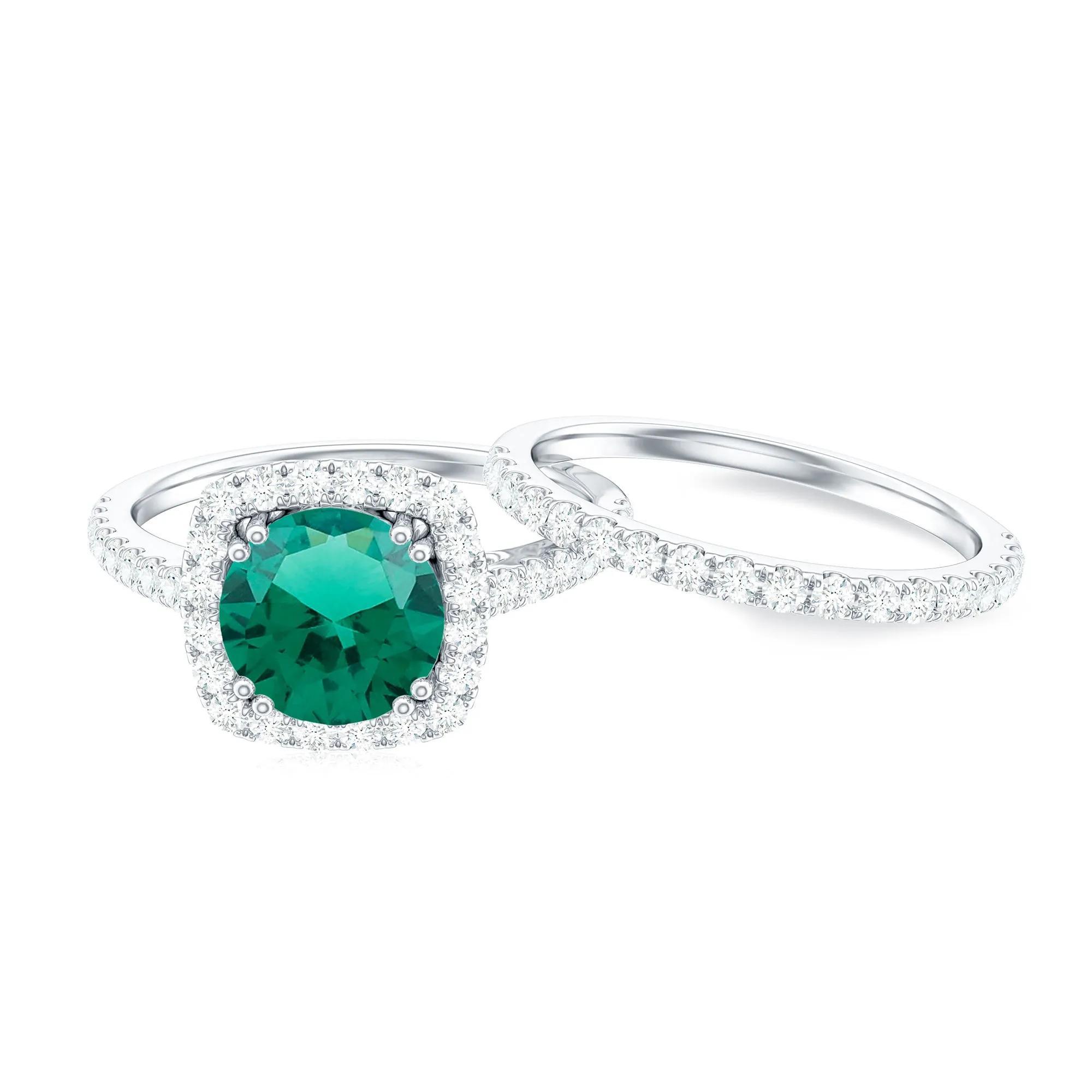 Created Emerald Halo Wedding Ring Set with Moissanite