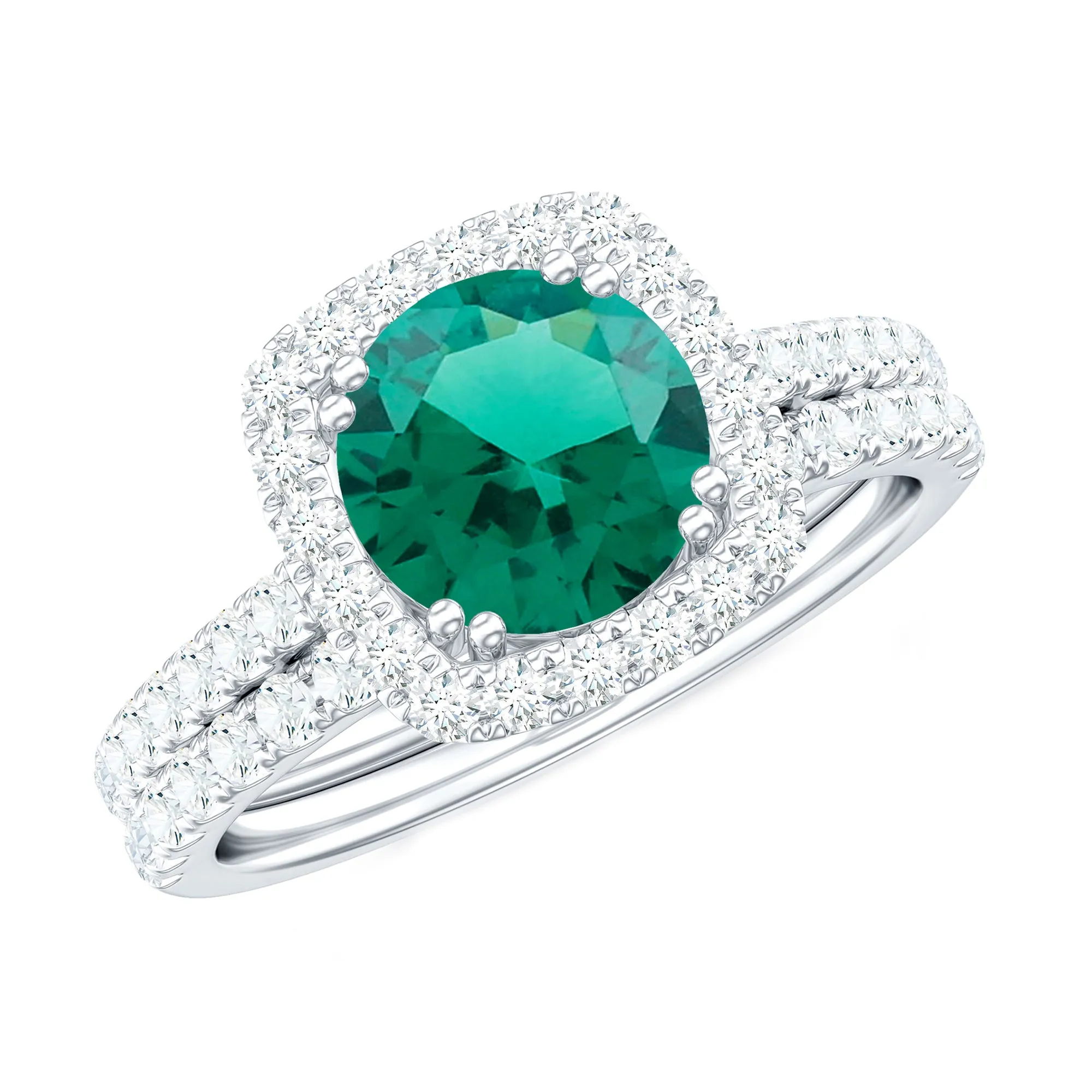 Created Emerald Halo Wedding Ring Set with Moissanite