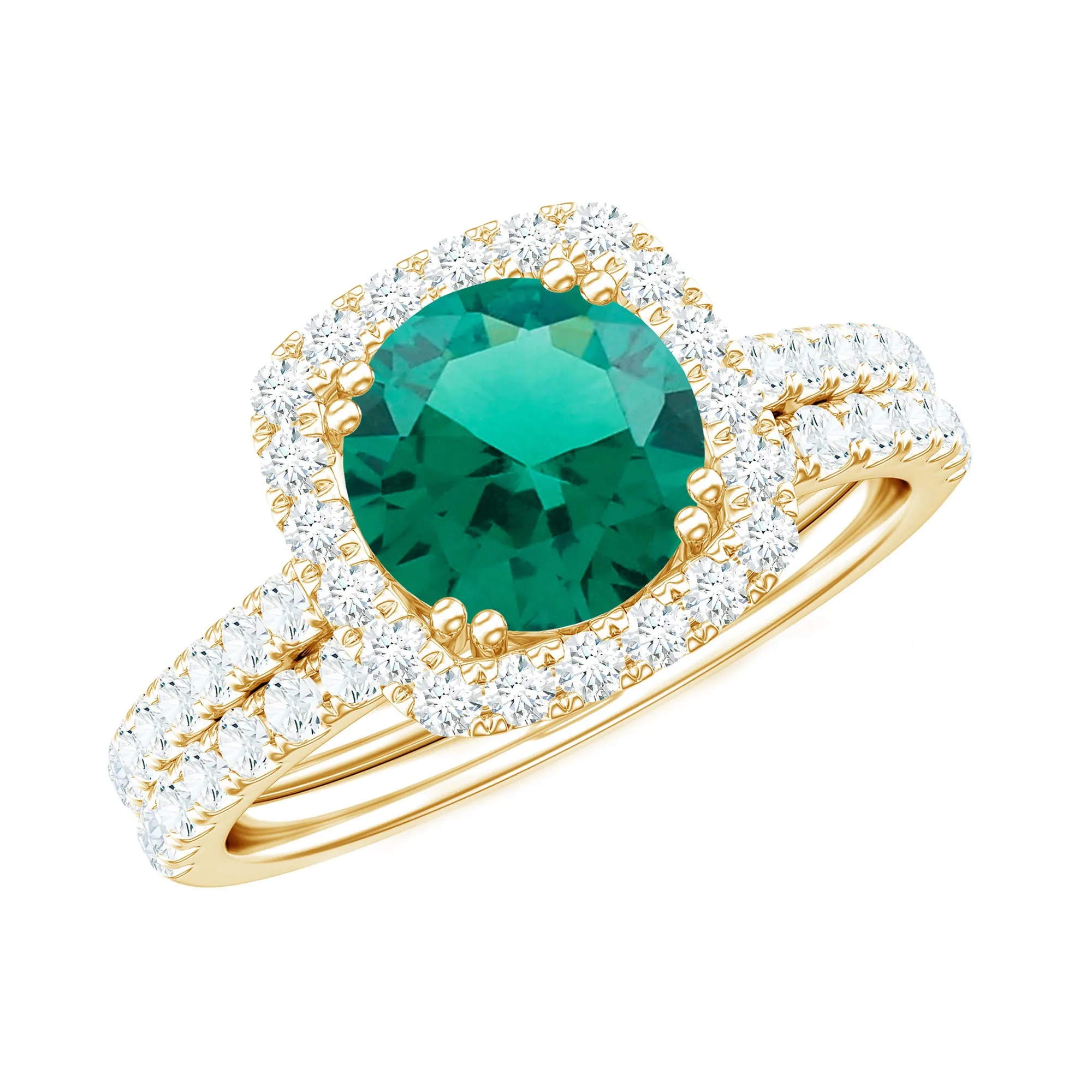 Created Emerald Halo Wedding Ring Set with Moissanite