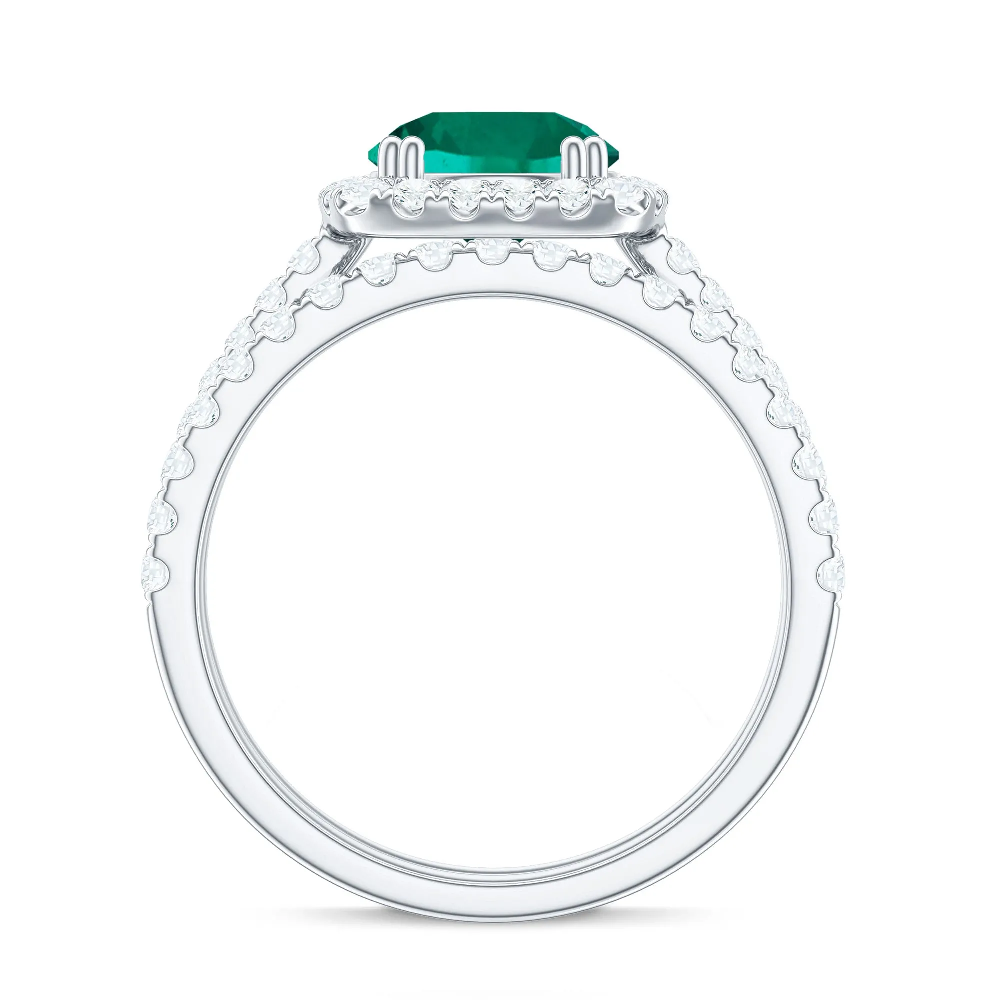 Created Emerald Halo Wedding Ring Set with Moissanite