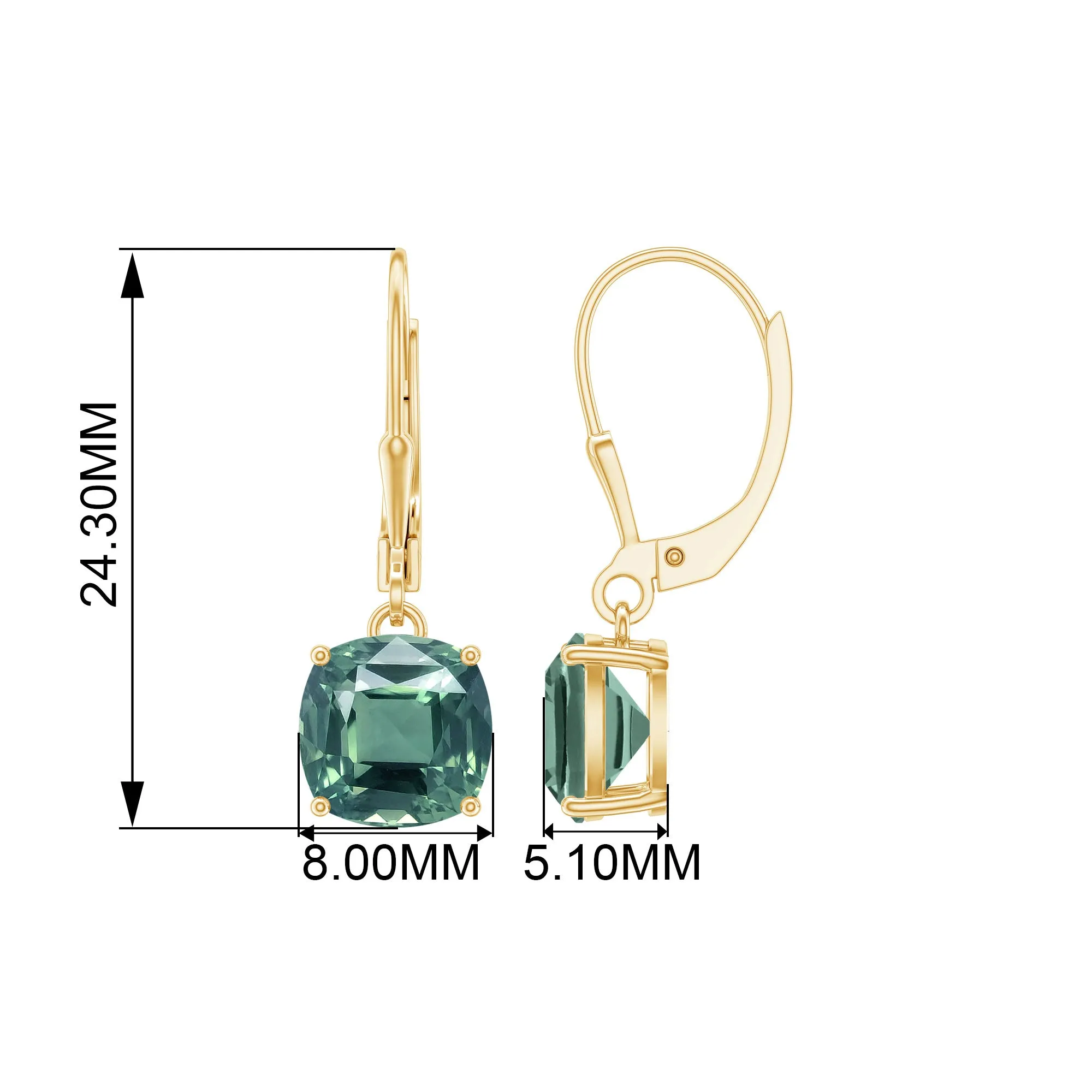 Cushion Cut Created Green Sapphire Solitaire Drop Earrings