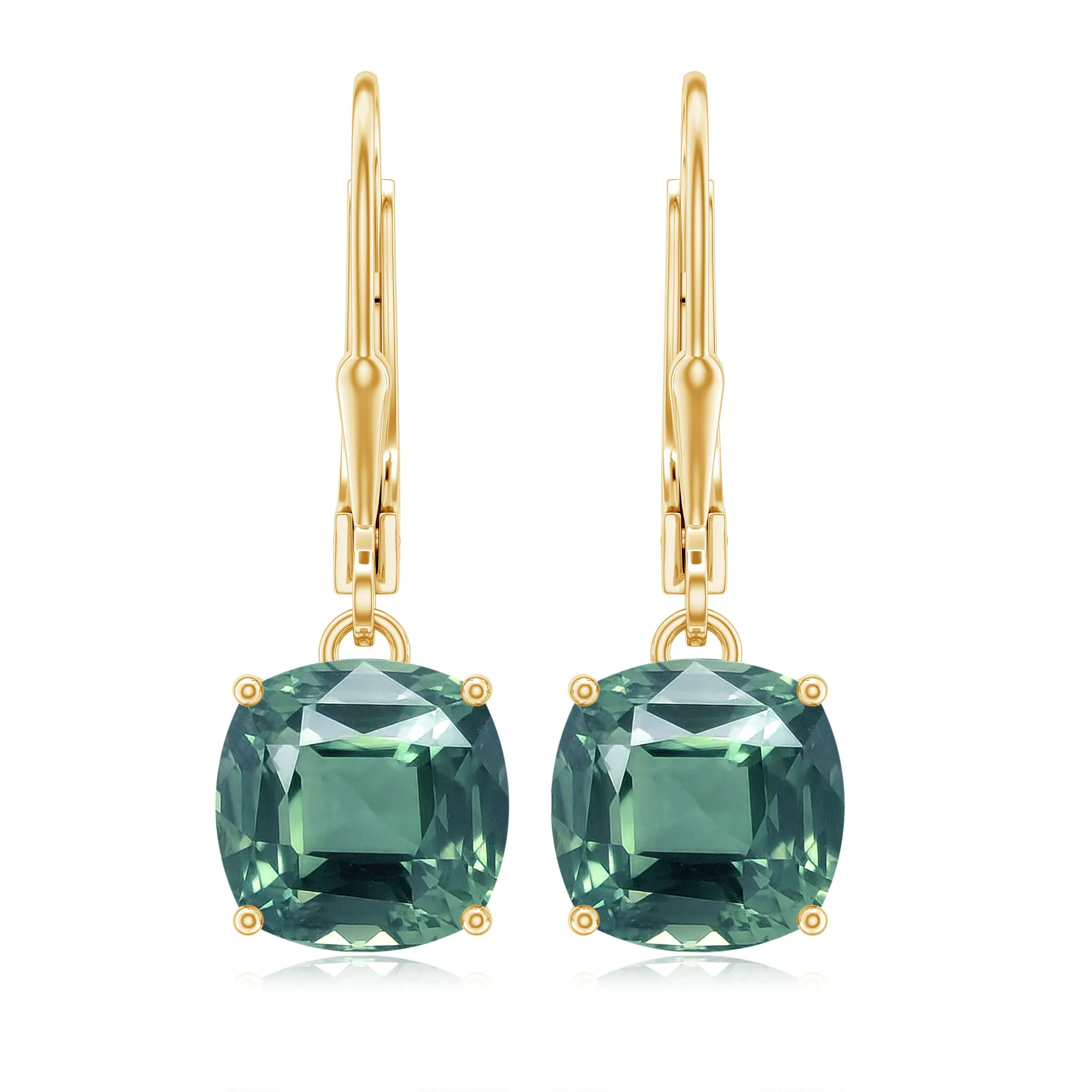 Cushion Cut Created Green Sapphire Solitaire Drop Earrings