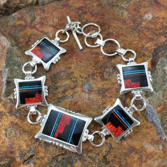 David Rosales Red Moon Inlaid Sterling Silver Link Bracelet