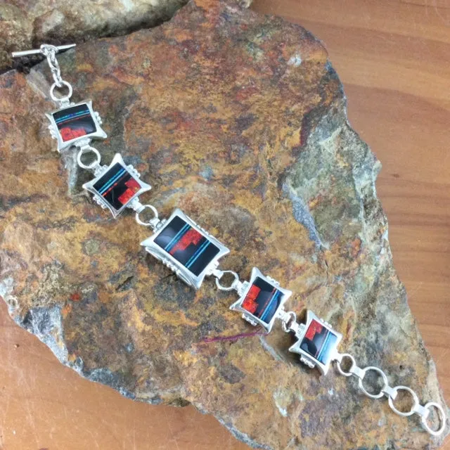 David Rosales Red Moon Inlaid Sterling Silver Link Bracelet