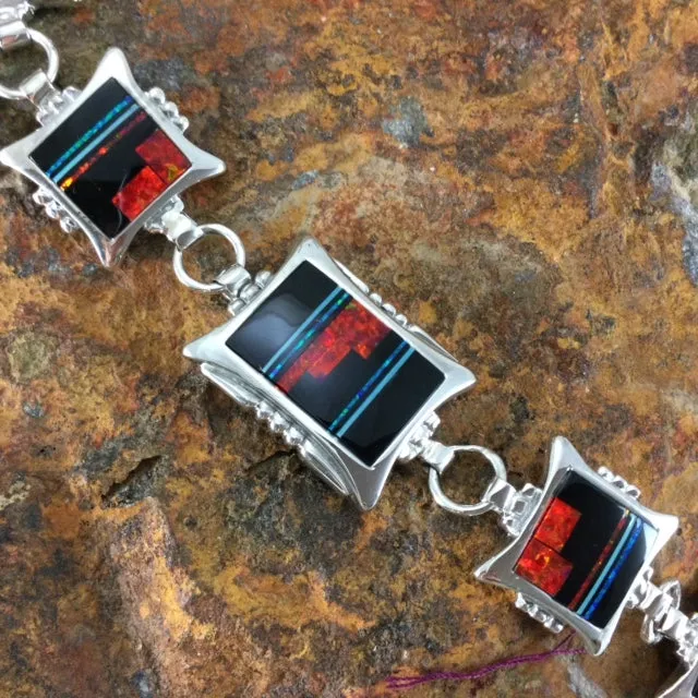 David Rosales Red Moon Inlaid Sterling Silver Link Bracelet