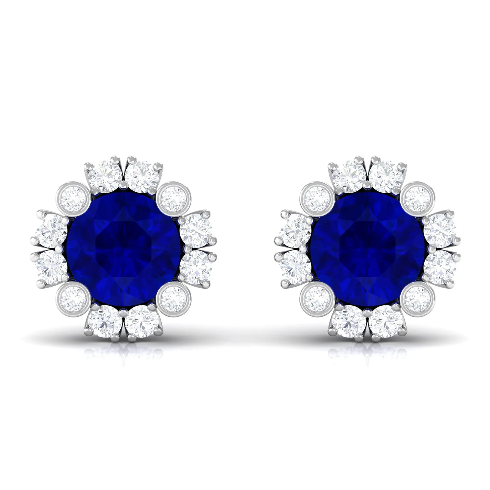 Designer Created Blue Sapphire and Diamond Halo Stud Earrings