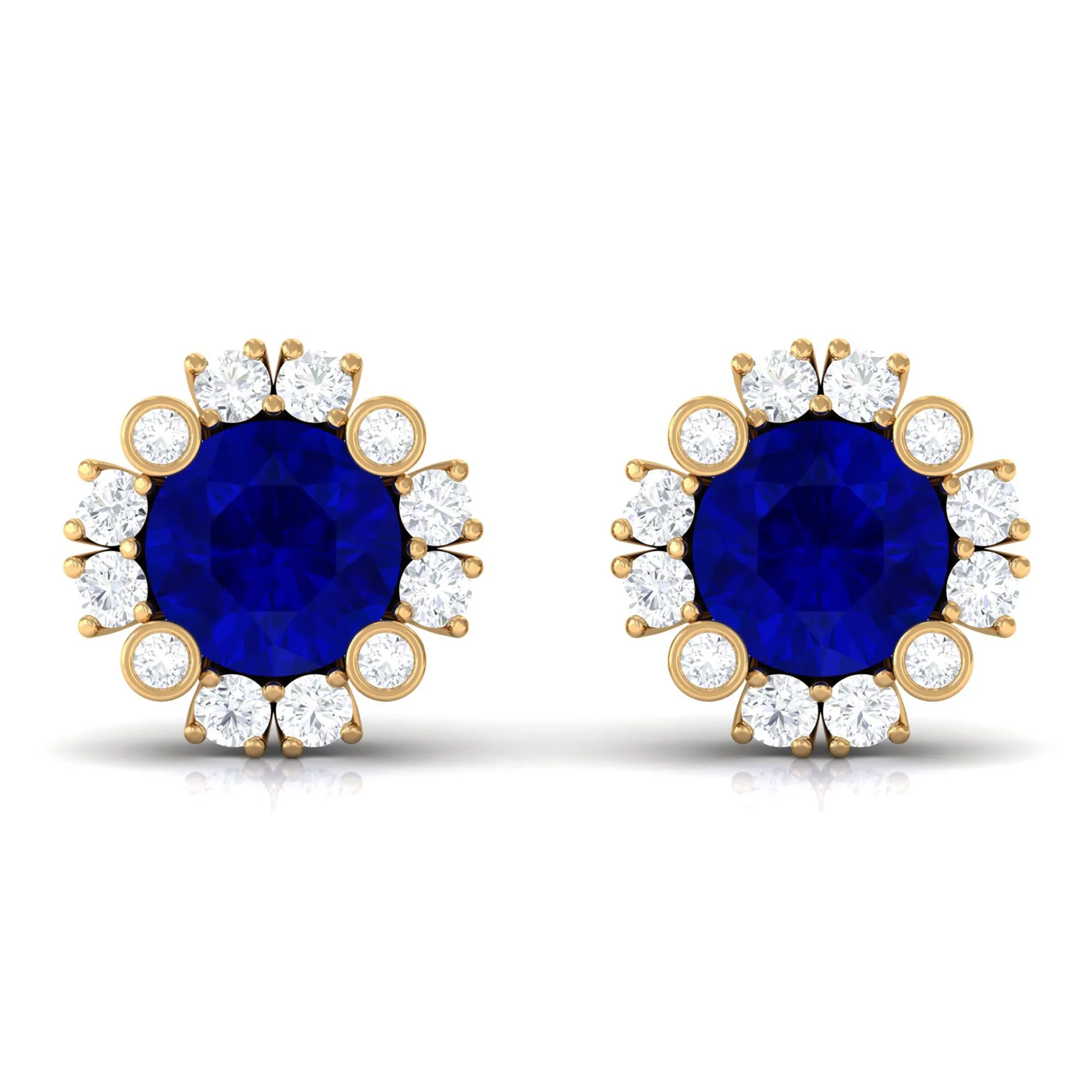 Designer Created Blue Sapphire and Diamond Halo Stud Earrings