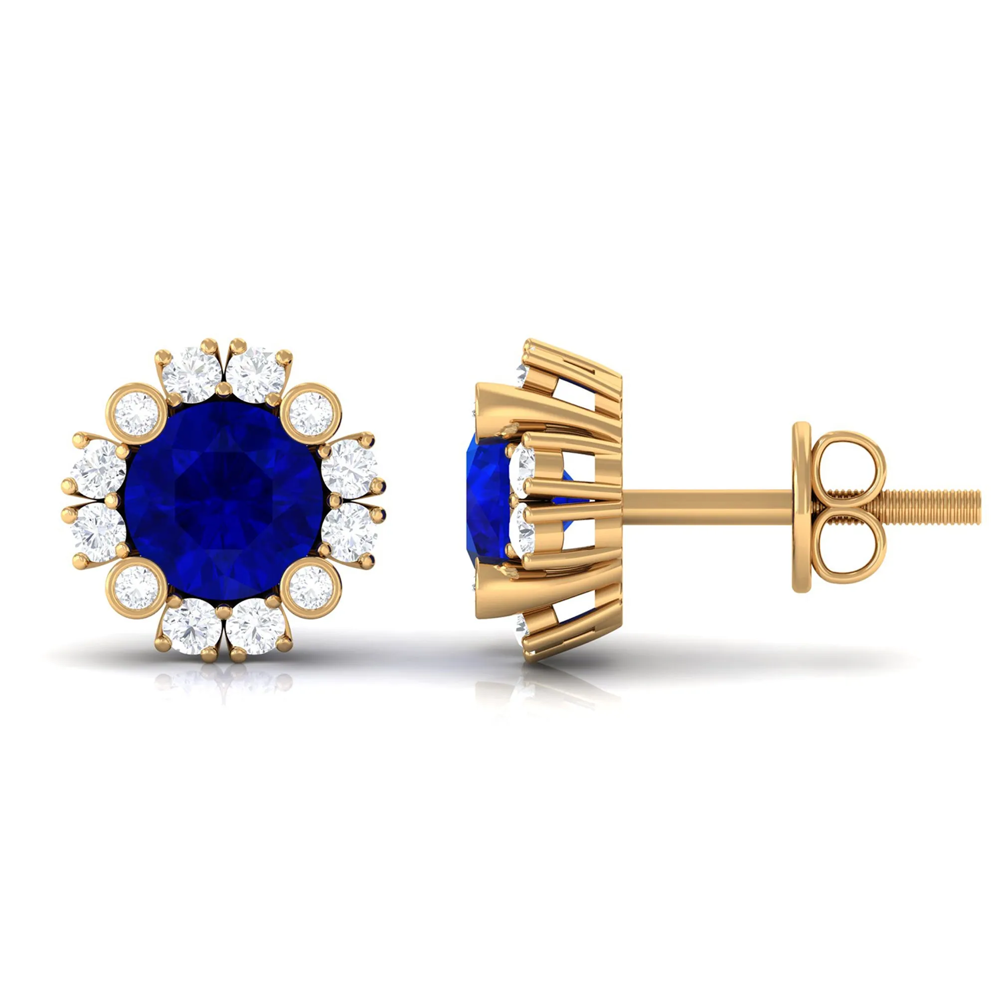 Designer Created Blue Sapphire and Diamond Halo Stud Earrings