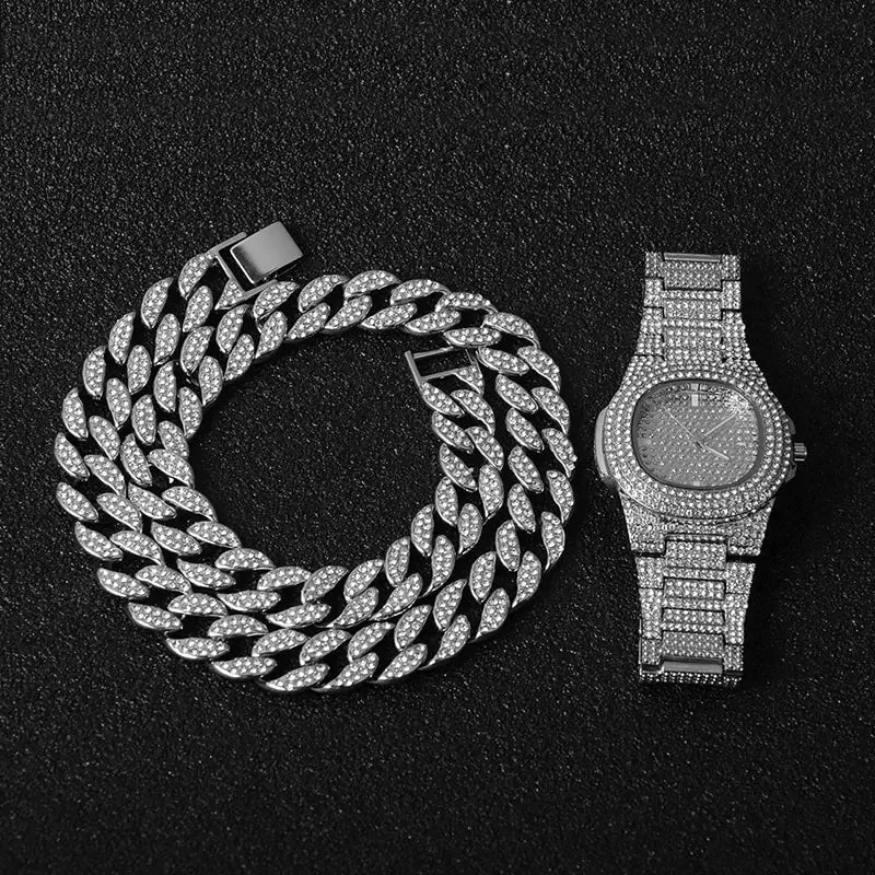 Diamond Coated Necklace, Watch and Bracelet Jewelry combos