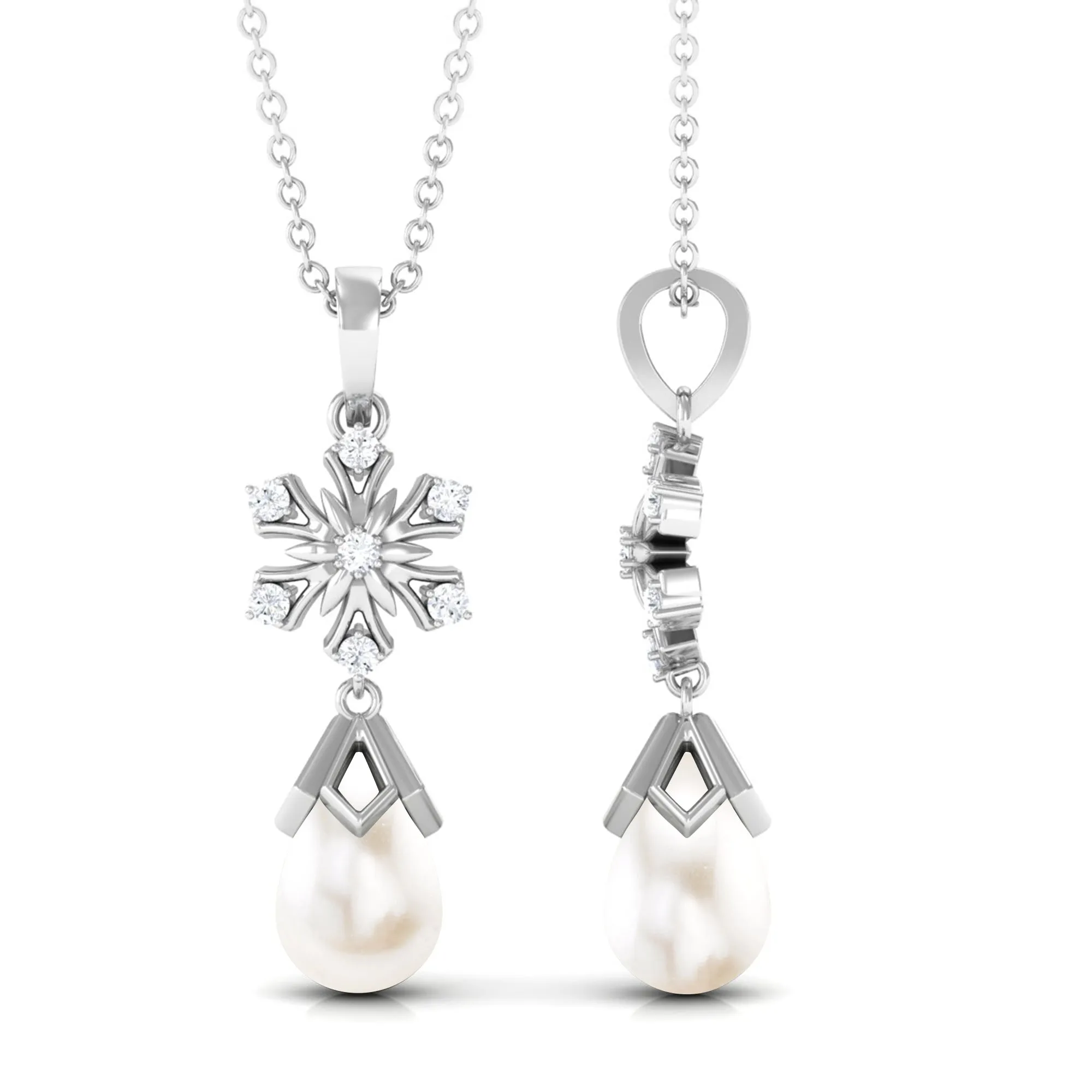 Diamond Snowflake Freshwater Pearl Dangle Drop Pendant