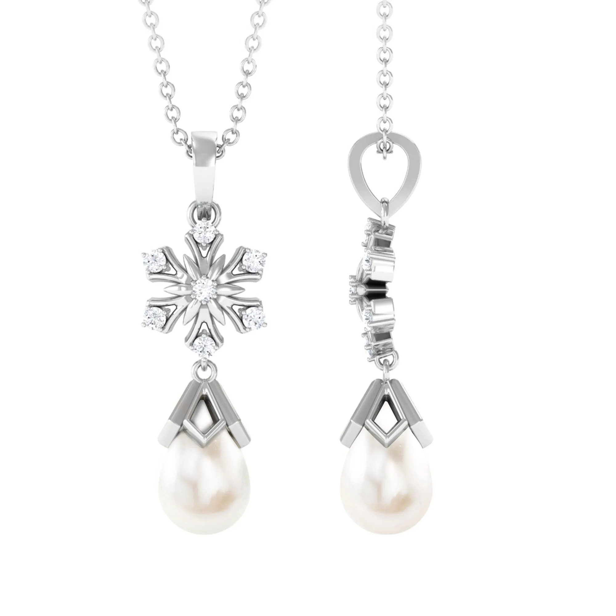 Diamond Snowflake Freshwater Pearl Dangle Drop Pendant