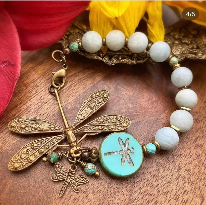 Dragonfly. Aquamarine stone, dragonfly charm, bronze metal bracelet.