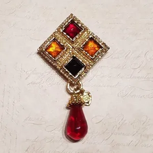 Edouard Rambaud Brooch Vintage Statement Gold Red Amber Glass