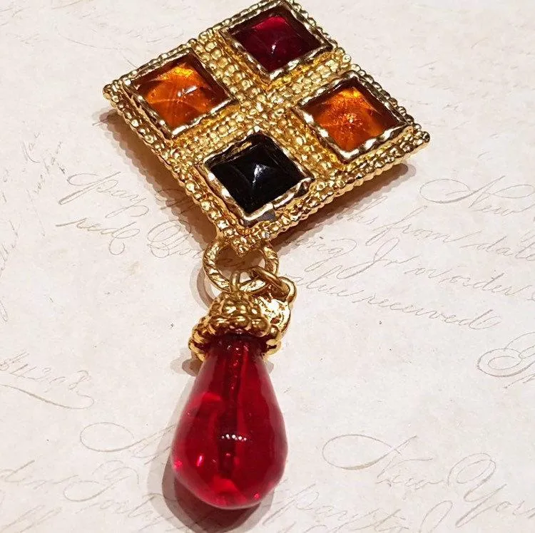 Edouard Rambaud Brooch Vintage Statement Gold Red Amber Glass