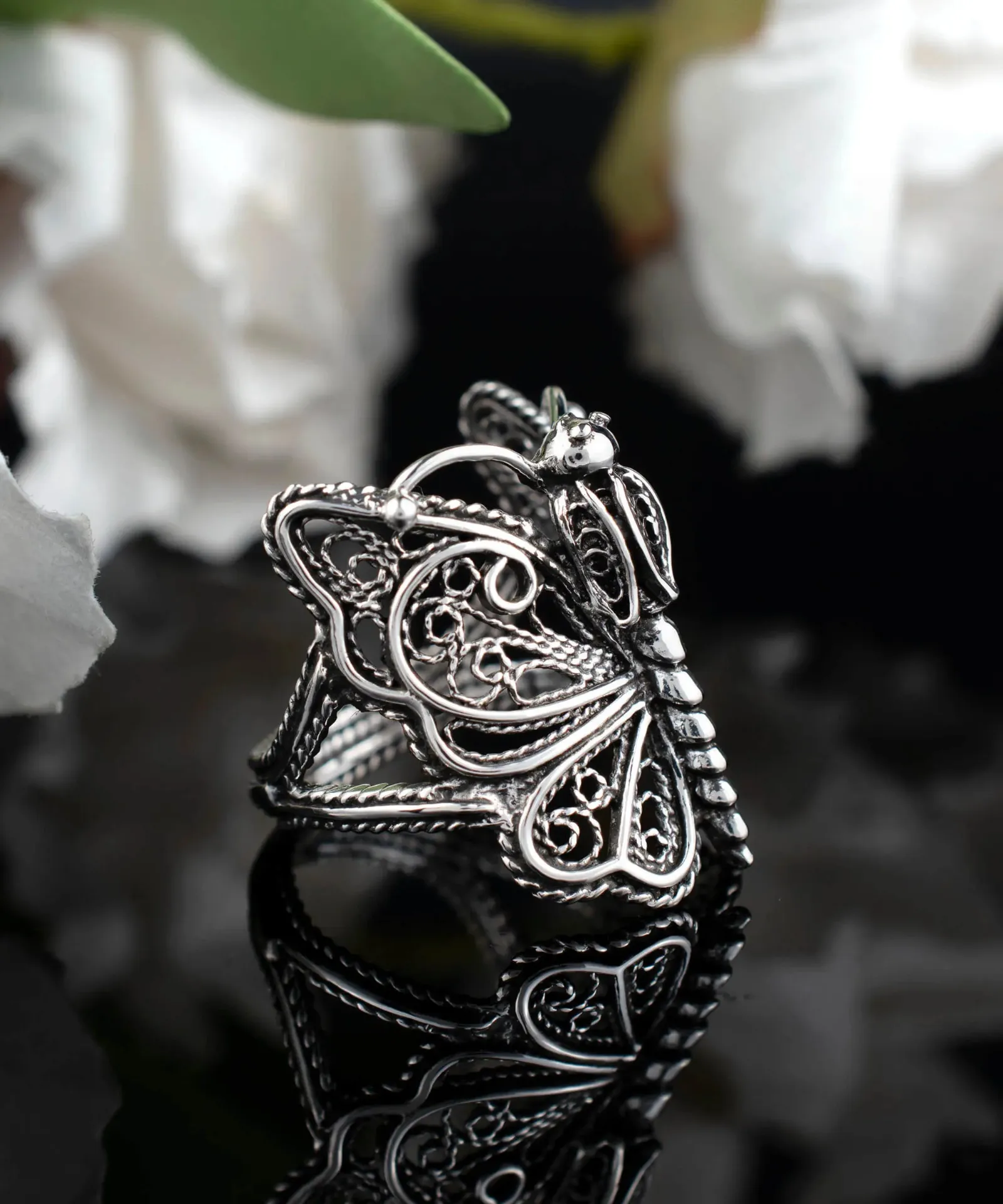 Elegant Filigree Art Crown Butterfly Silver Cocktail Ring - A Statement of Grace