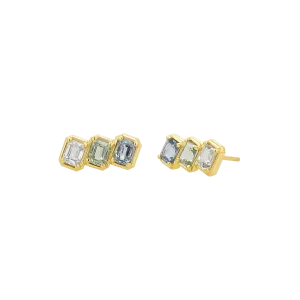 Emerald Cut Blue Ombré Trio Sapphire Earrings