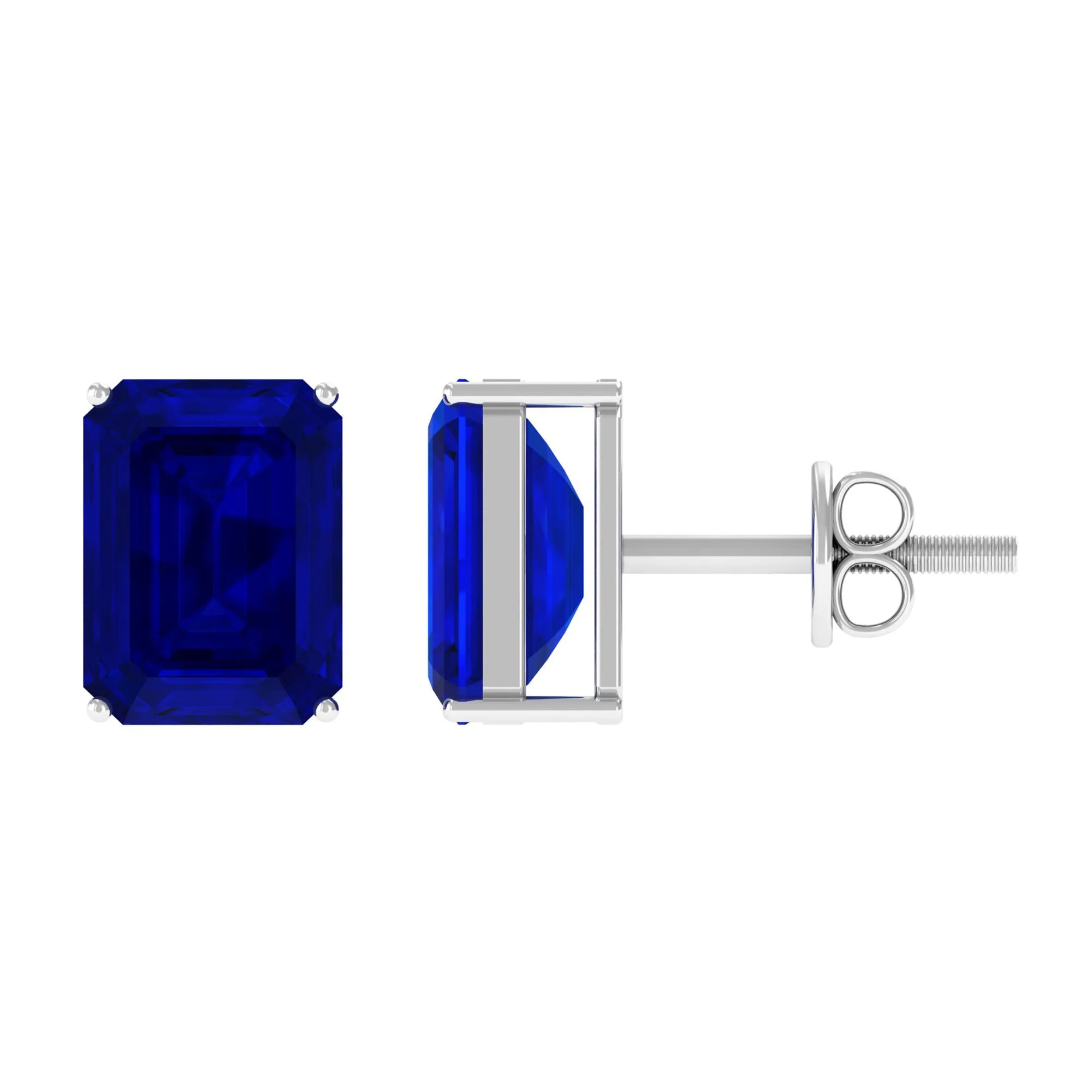 Emerald Cut Created Blue Sapphire Solitaire Stud Earrings