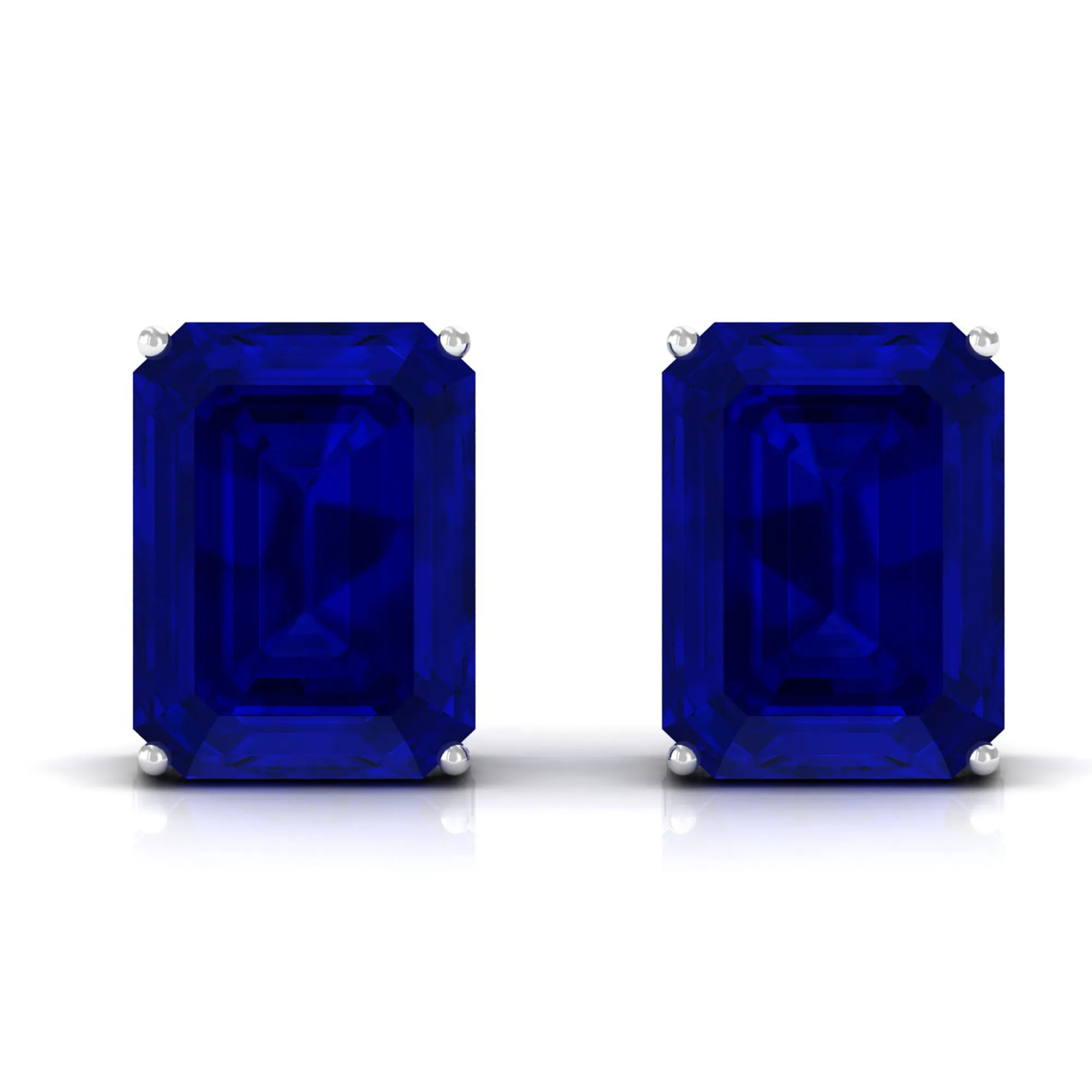 Emerald Cut Created Blue Sapphire Solitaire Stud Earrings