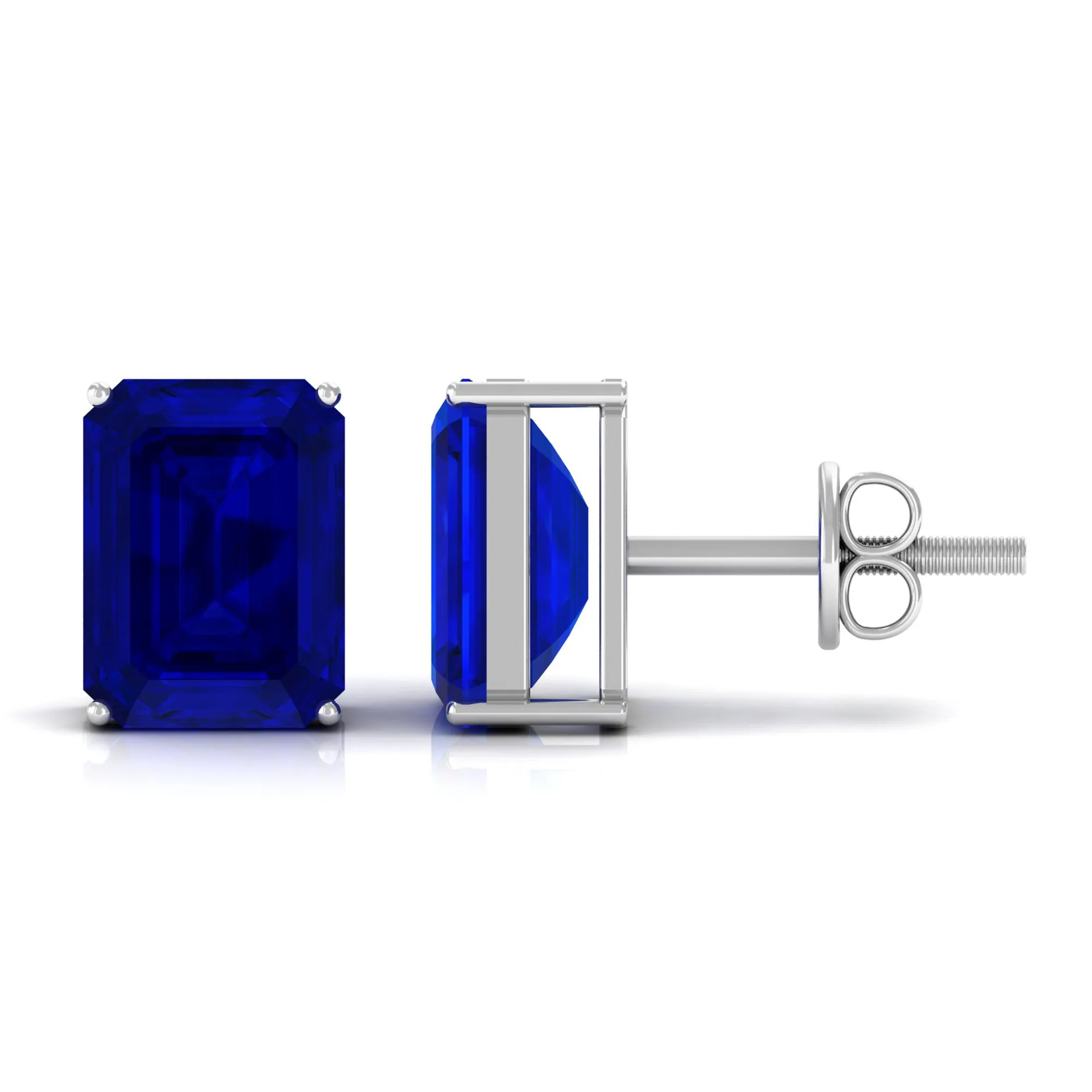 Emerald Cut Created Blue Sapphire Solitaire Stud Earrings