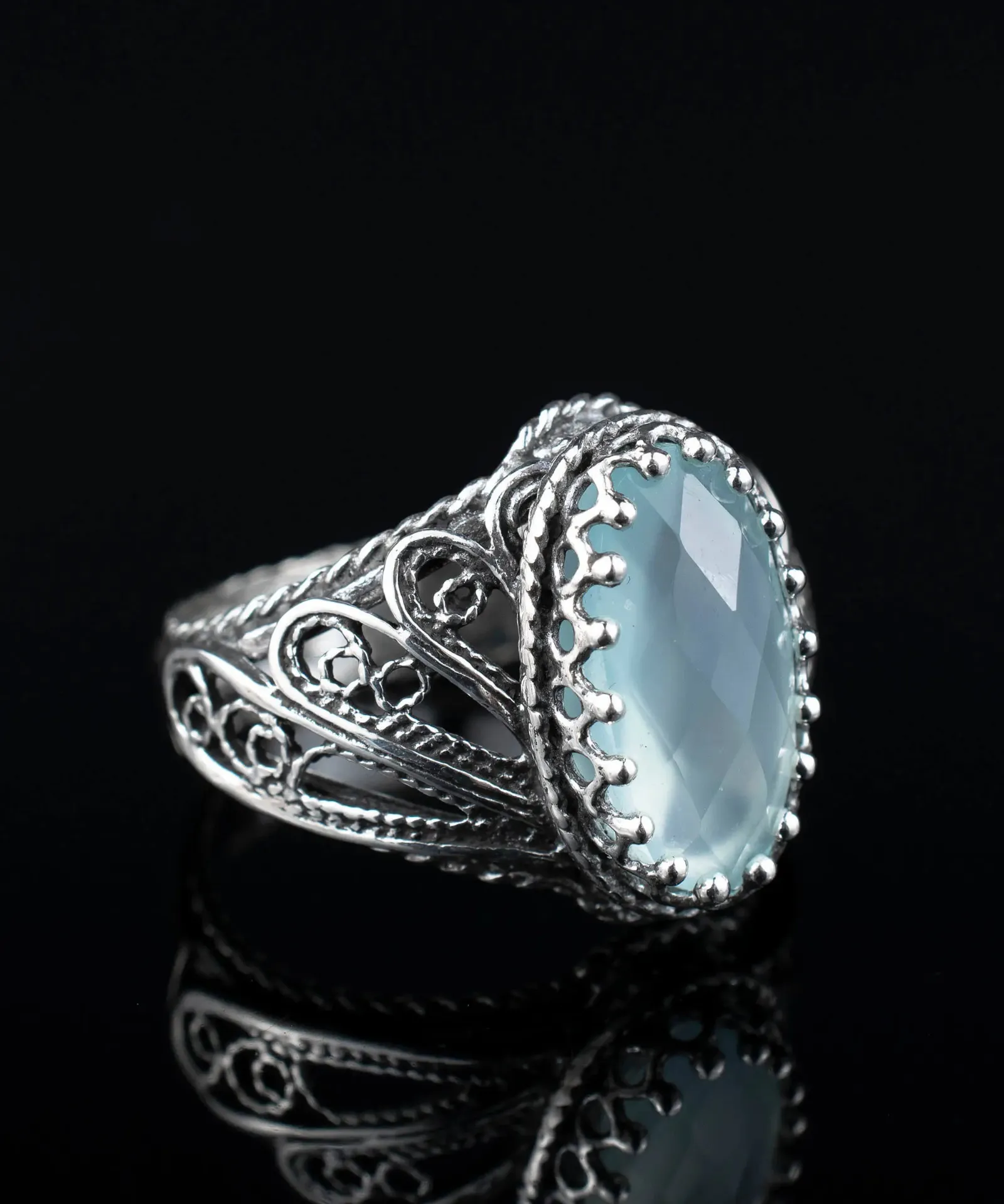 Enchanting 925 Sterling Silver Angel Wings Cocktail Ring with Aqua Chalcedony, Ethereal Style Jewelry, Statement Fashion Ring