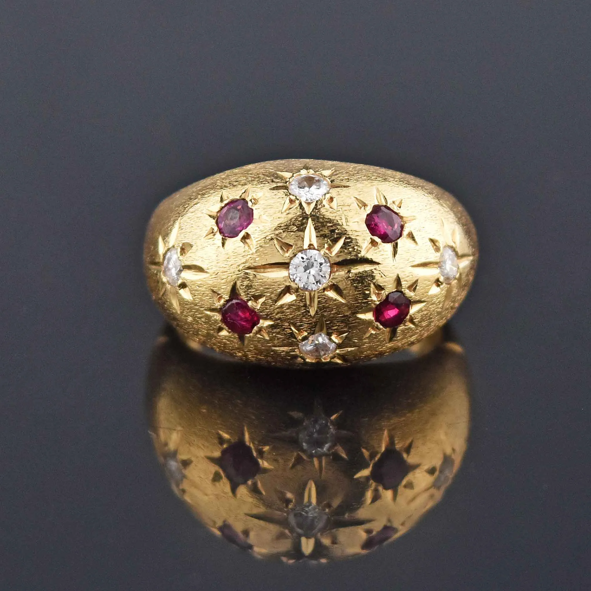 Estate Diamond & Ruby Heavy 14K Gold Dome Ring