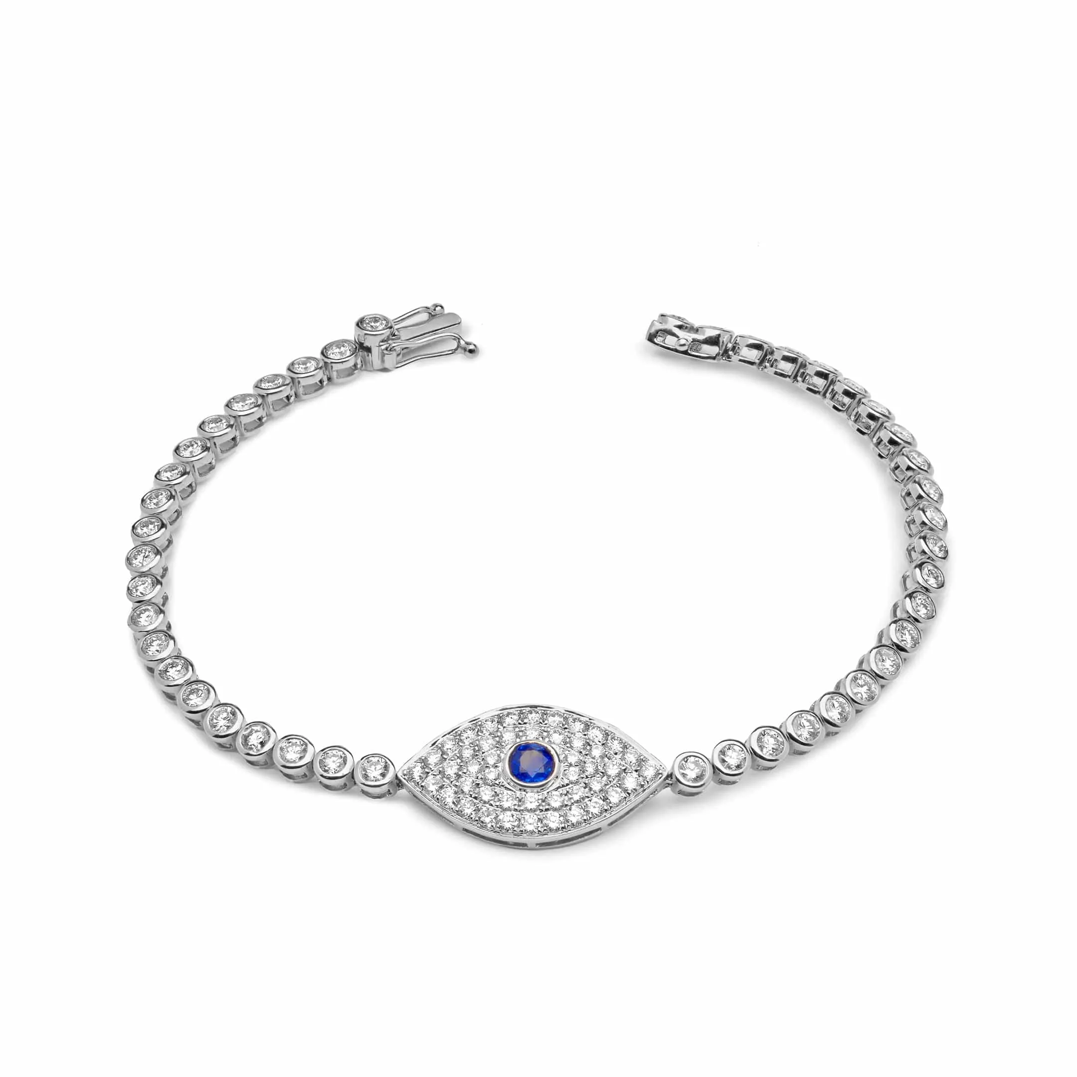 Evil Eye Blue Sapphire and White Diamond White Gold Bracelet