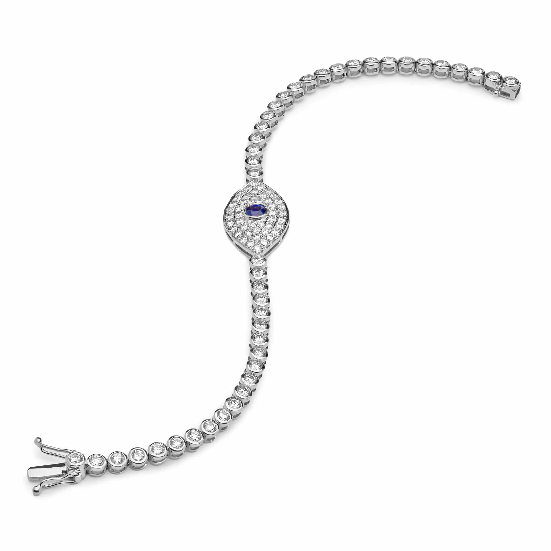 Evil Eye Blue Sapphire and White Diamond White Gold Bracelet