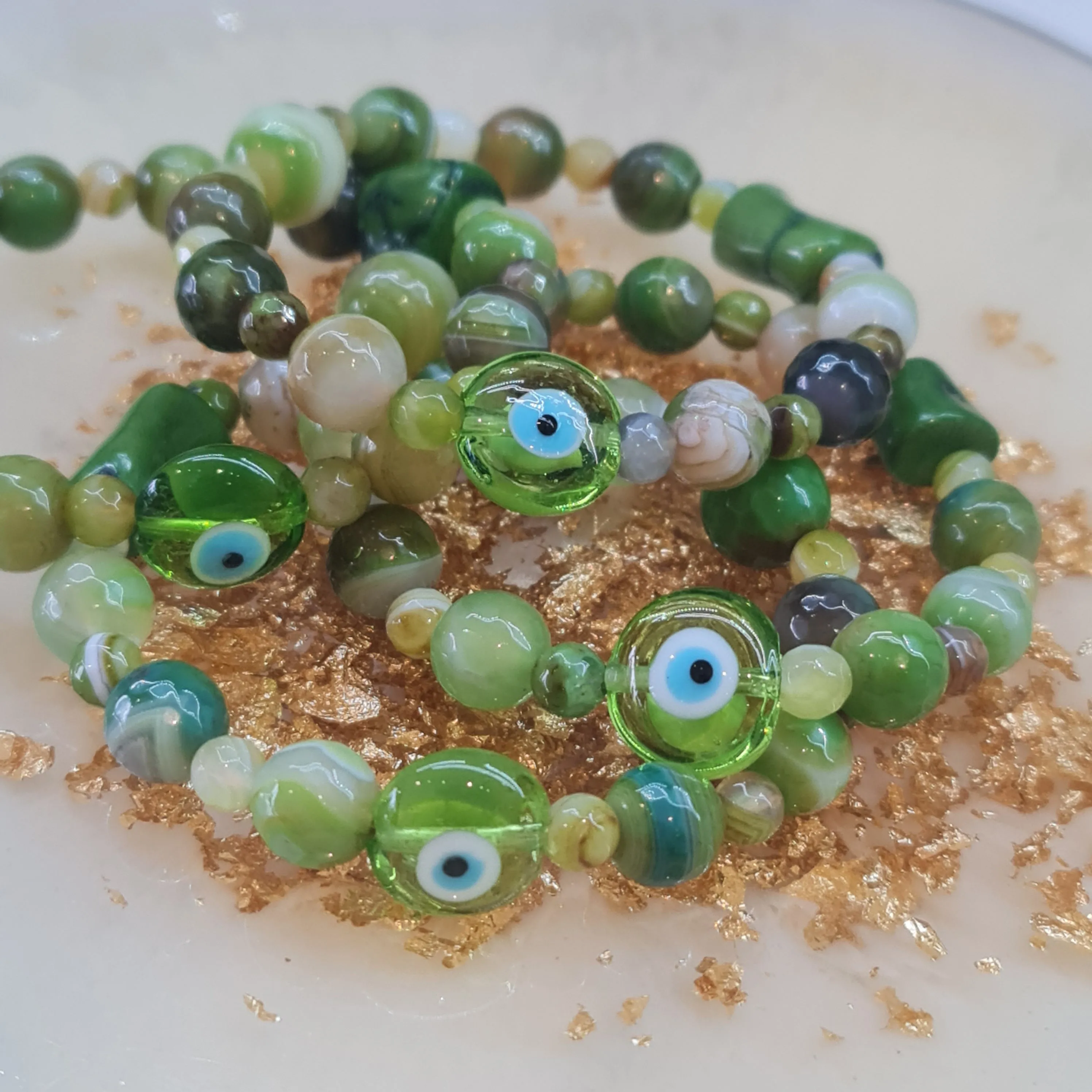 Evil Eye Green Agate, Bamboo Coral stone bracelet