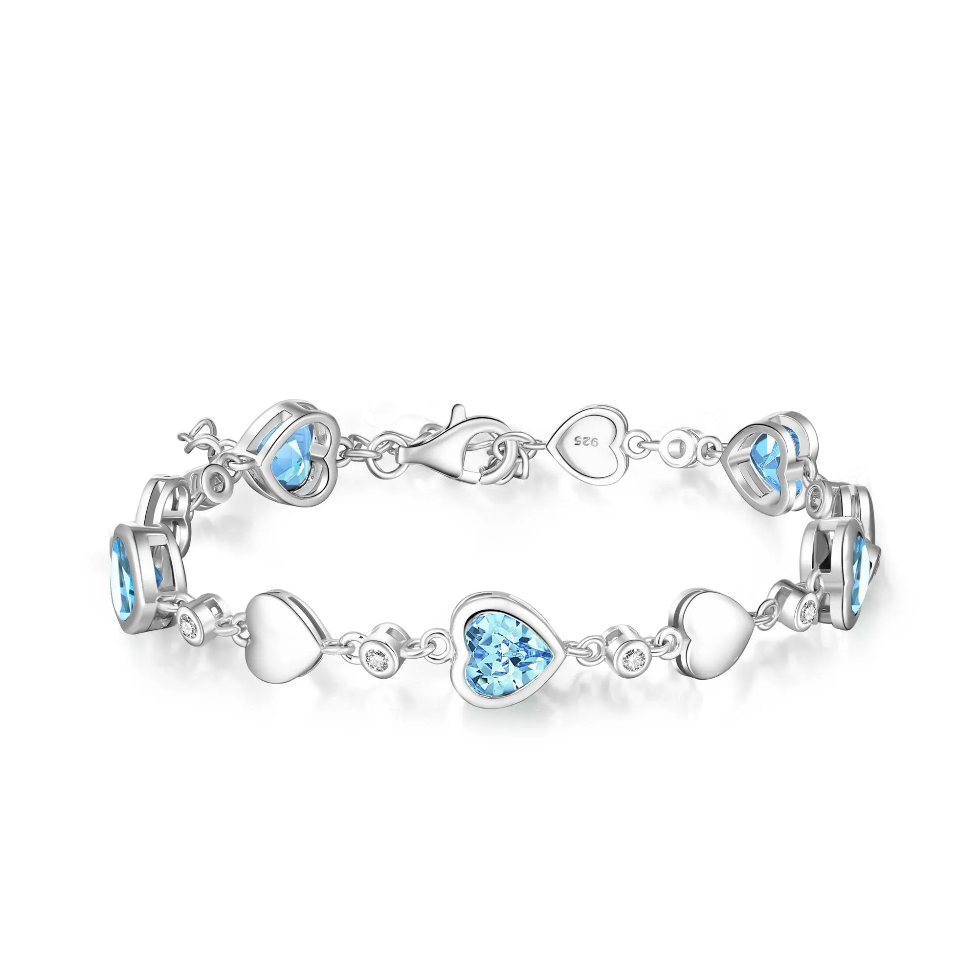 FANCIME Halo Heart March Birthstone Aquamarine Station Tennis Sterling Silver Bracelet