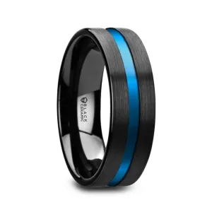 Flat Brushed Finish Black Ceramic Men’s Wedding Ring With Blue Grooved Center - 8mm