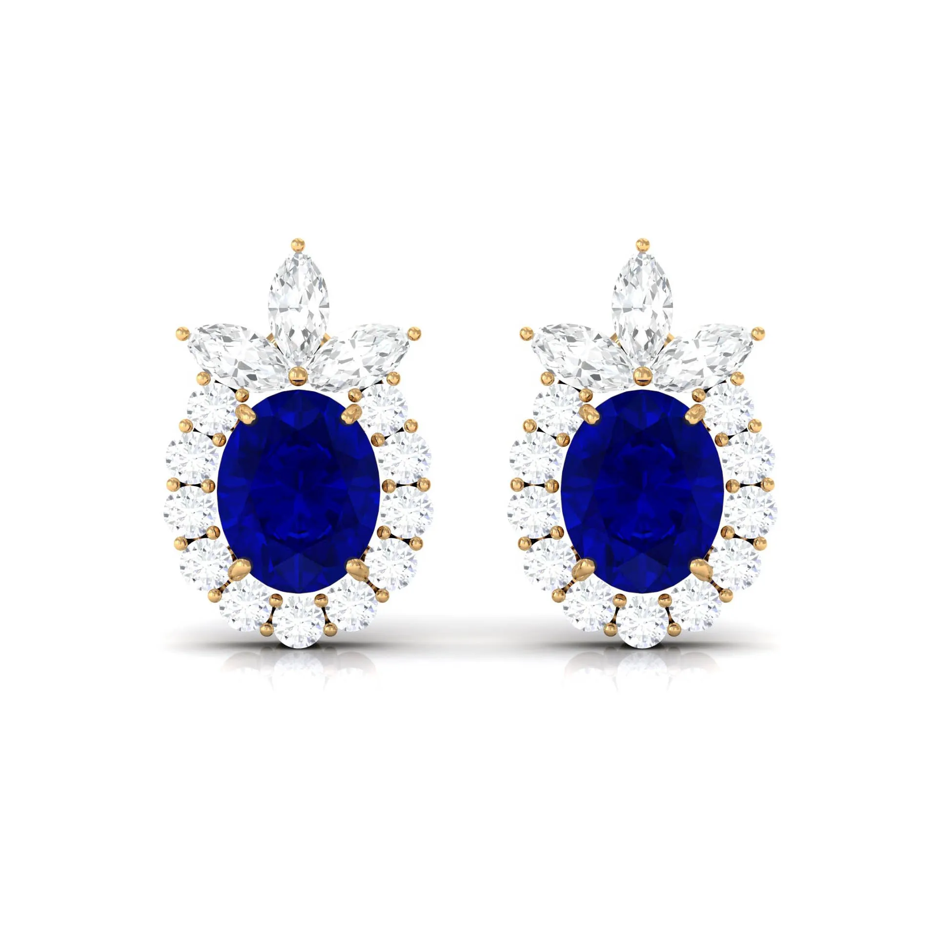 Floral Inspired Oval Created Blue Sapphire and Diamond Stud Earrings