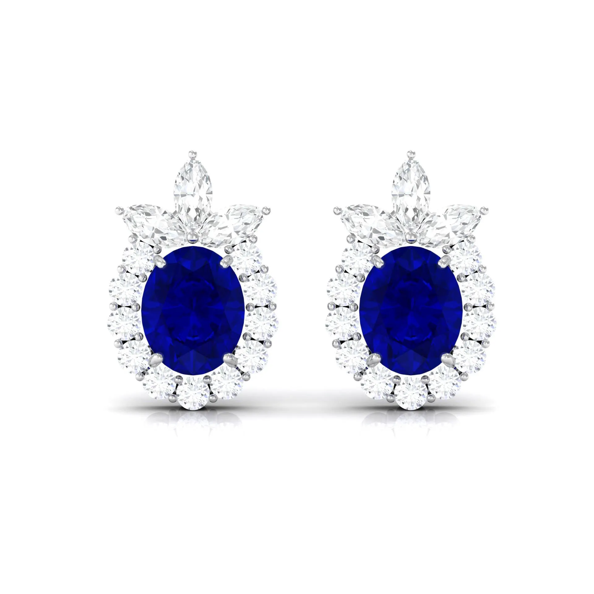 Floral Inspired Oval Created Blue Sapphire and Diamond Stud Earrings