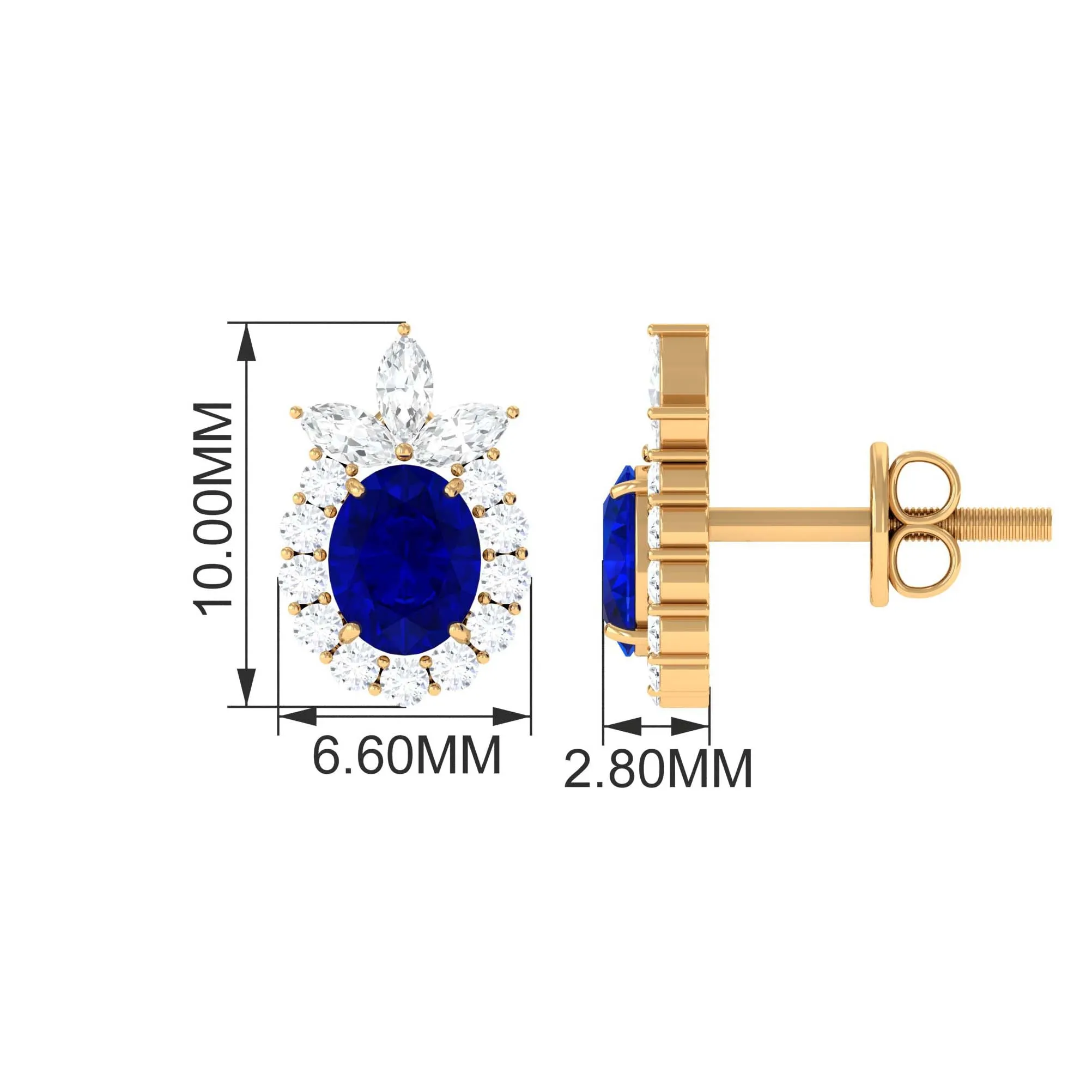 Floral Inspired Oval Created Blue Sapphire and Diamond Stud Earrings