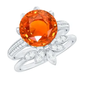 Flower Bridal Wedding Ring Set with Lab Grown Orange Sapphire and Moissanite