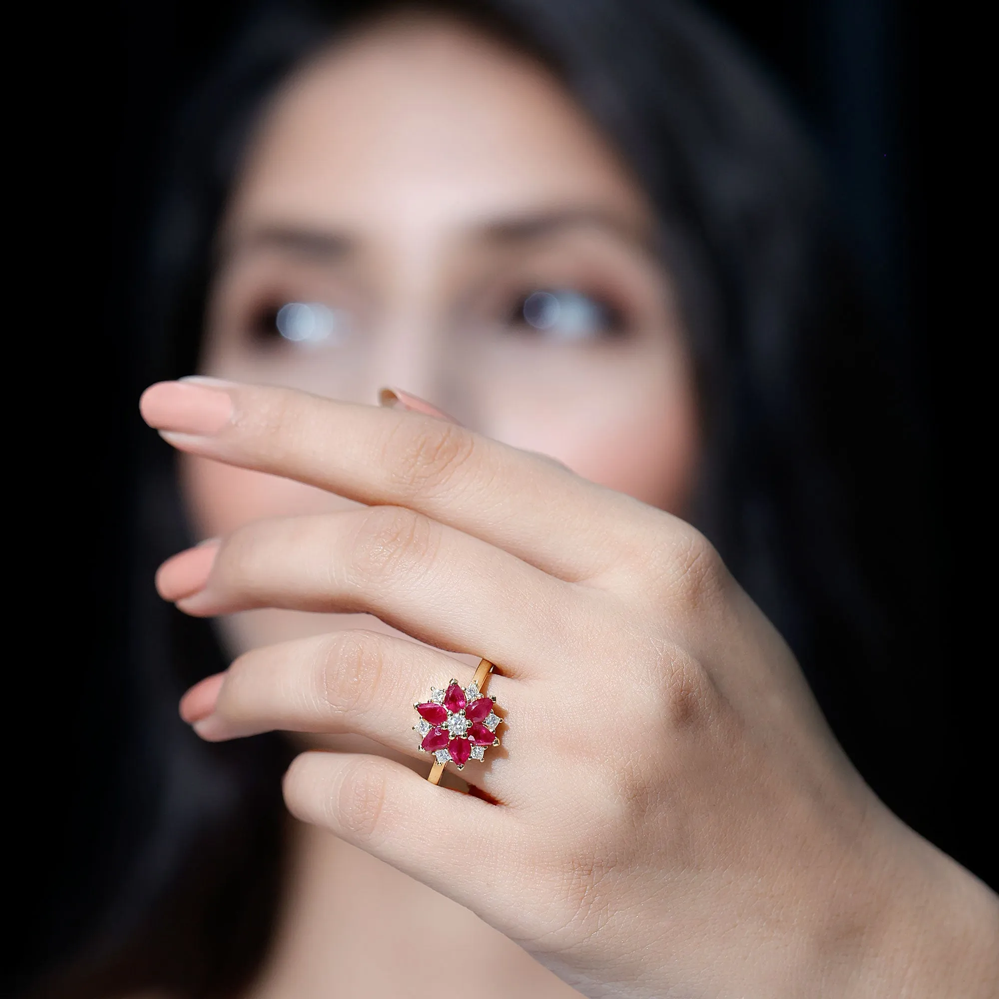 Flower Cocktail Ring with Ruby and Diamond