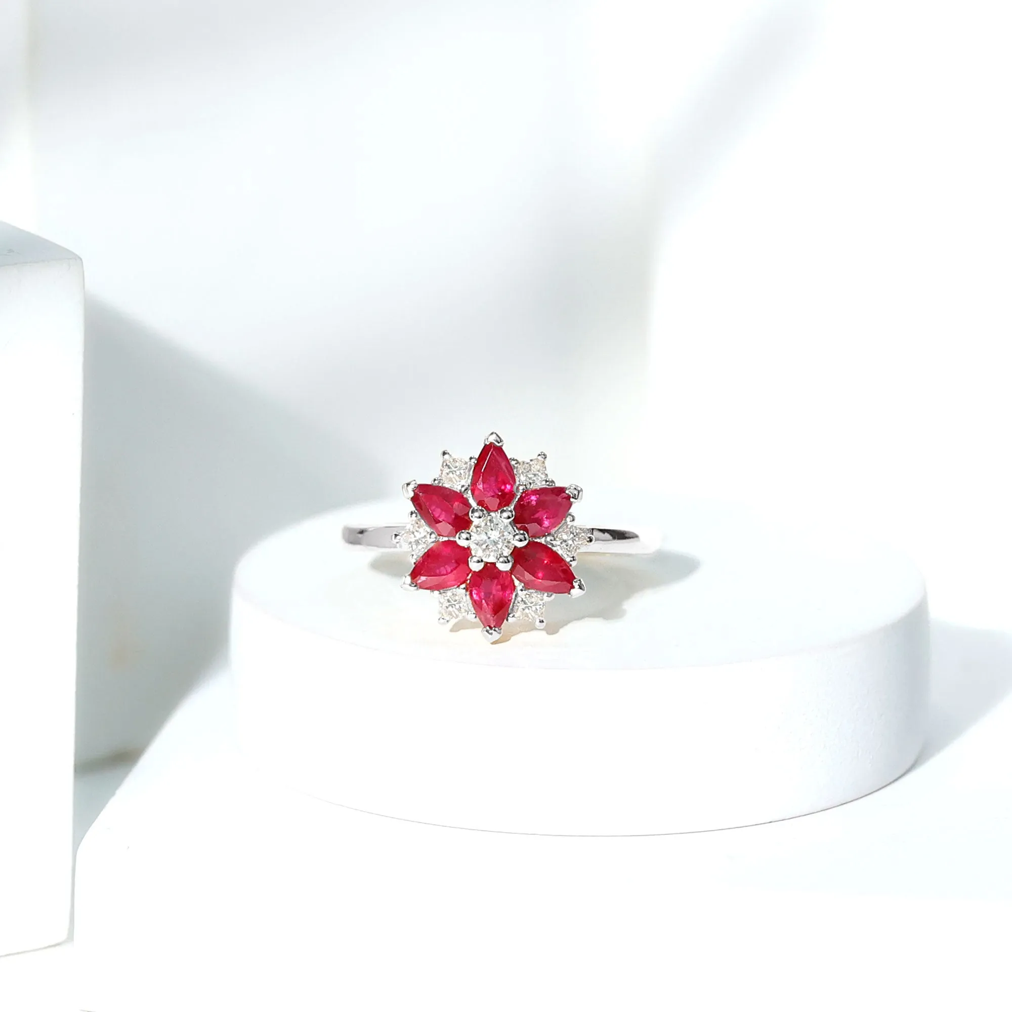 Flower Cocktail Ring with Ruby and Diamond