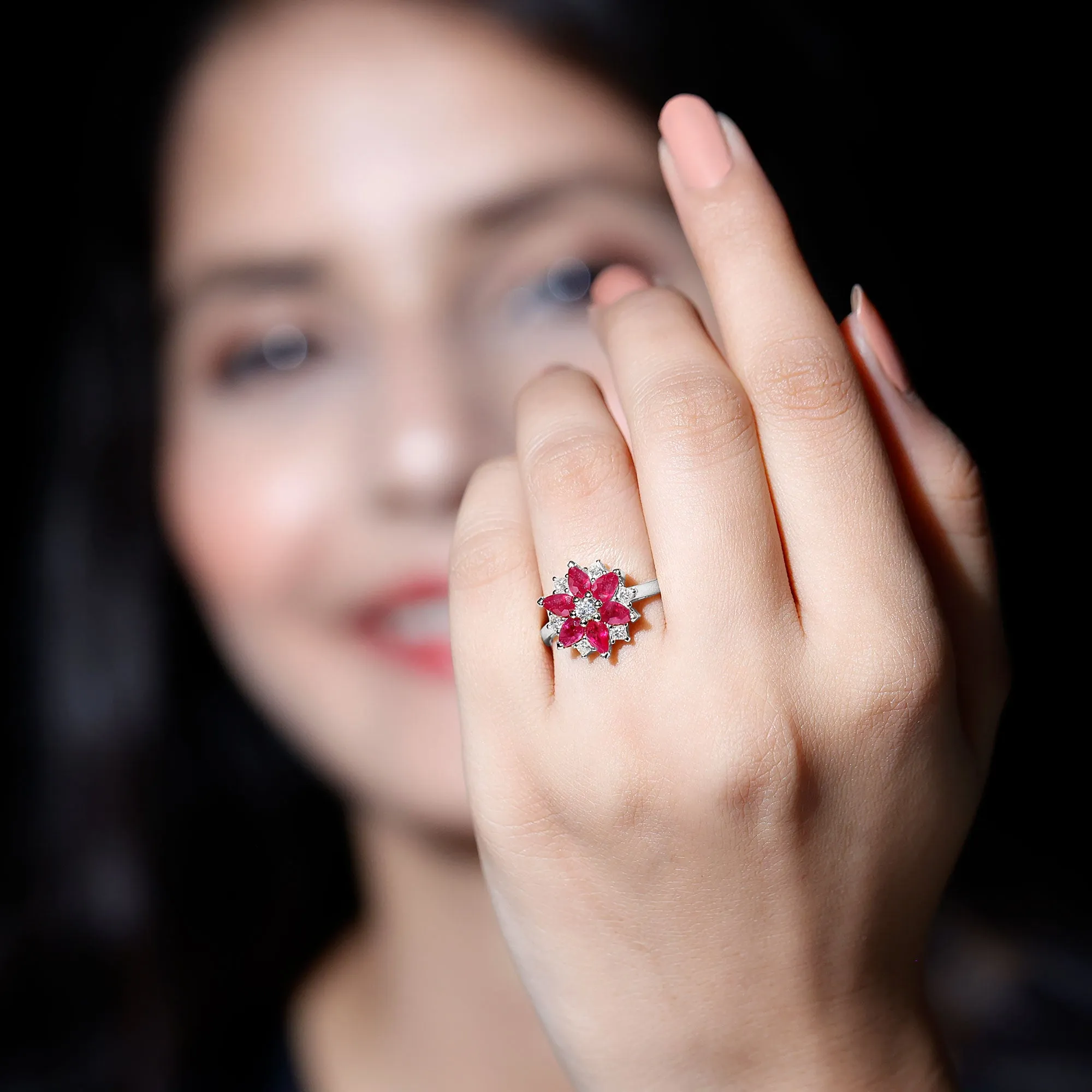 Flower Cocktail Ring with Ruby and Diamond