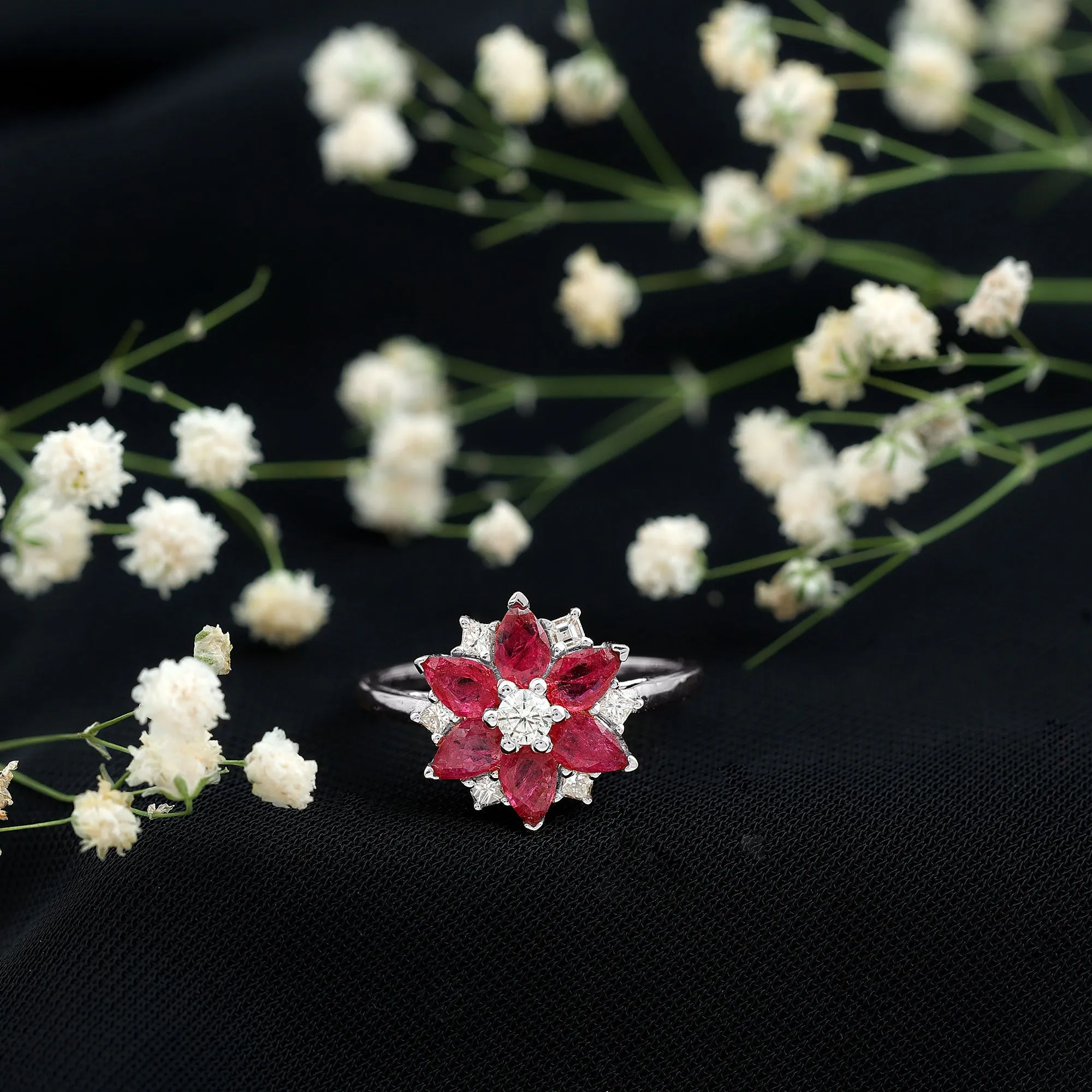 Flower Cocktail Ring with Ruby and Diamond