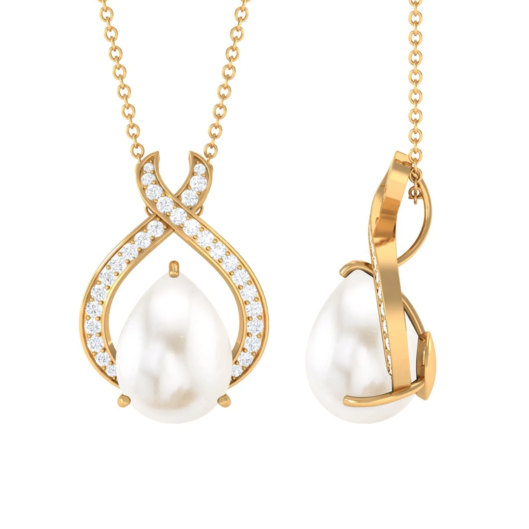 Freshwater Pearl Teardrop Pendant Necklace with Diamond