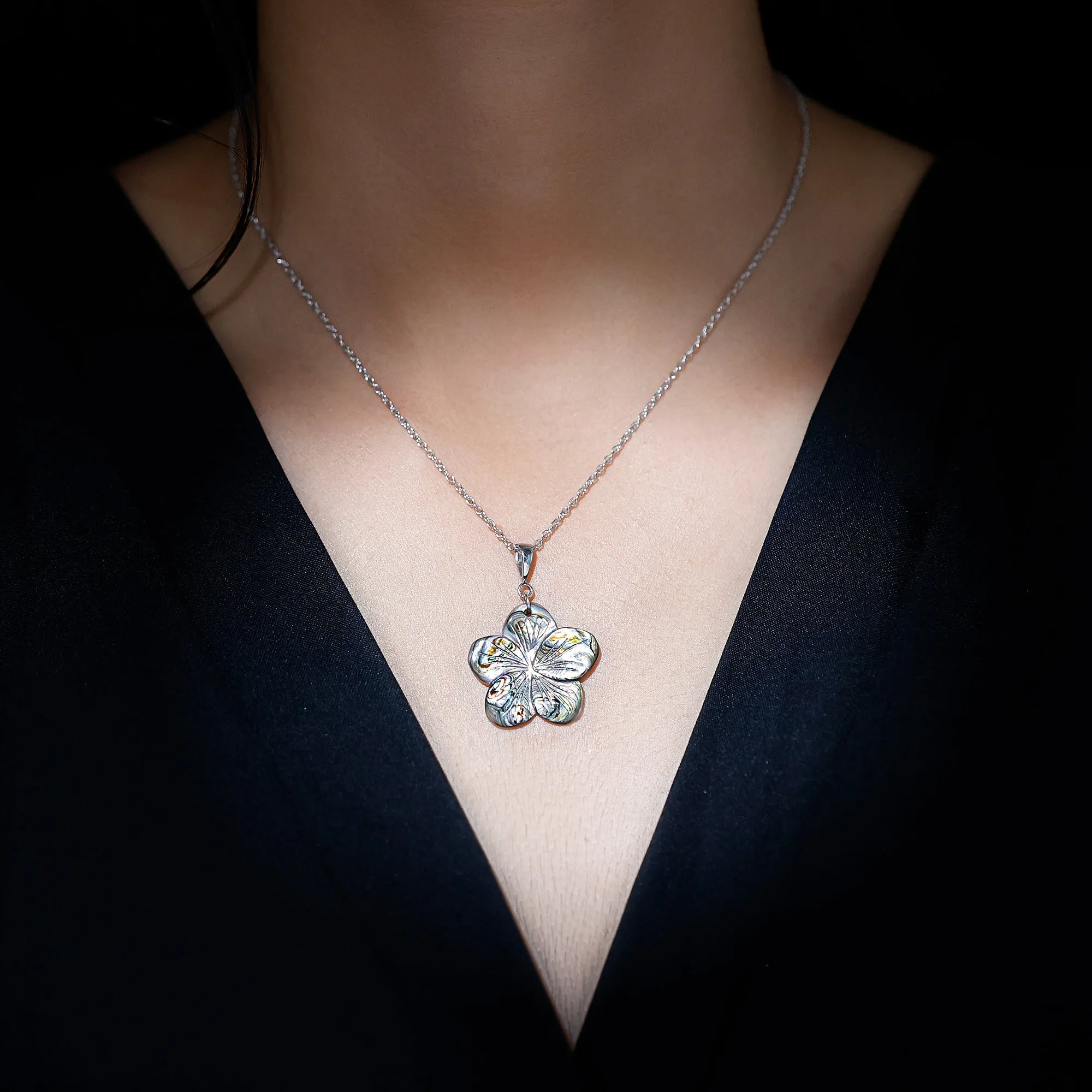 Genuine Mother of Pearl Hibiscus Flower Pendant Necklace