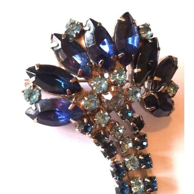 Glamorous Blue Rhinestone Brooch w/ Dangles circa 1960s