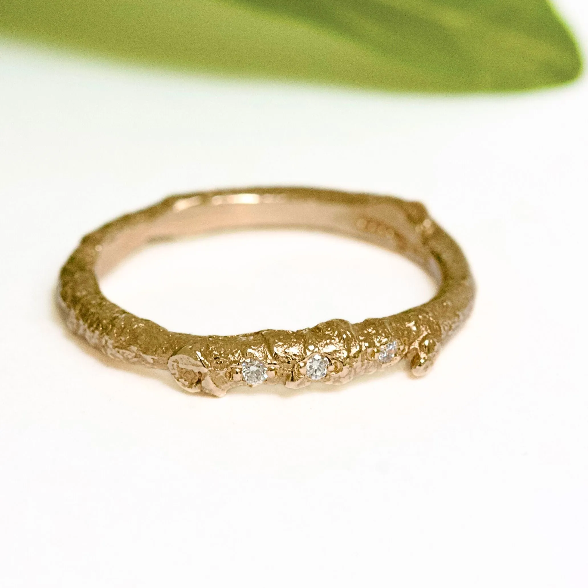 Gold and Diamond Twig Wedding Ring, Nature Inspired Twig Ring