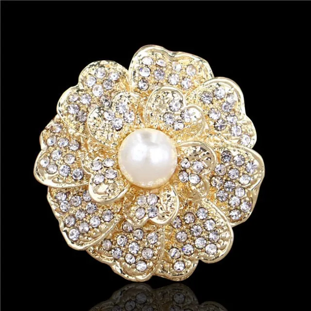 Gold Flower Brooches with Crystal-Pearl Accents-Bridal Brooch Bouquet Jewelry