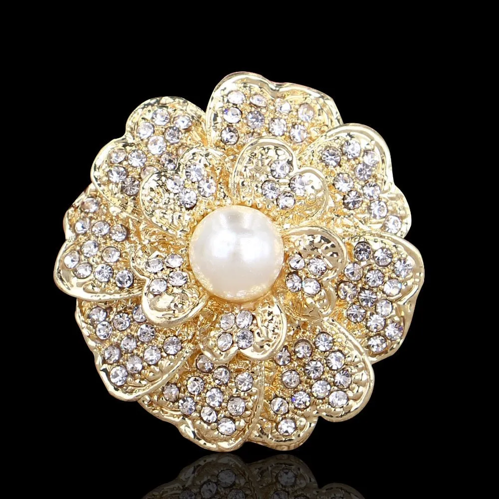 Gold Flower Brooches with Crystal-Pearl Accents-Bridal Brooch Bouquet Jewelry