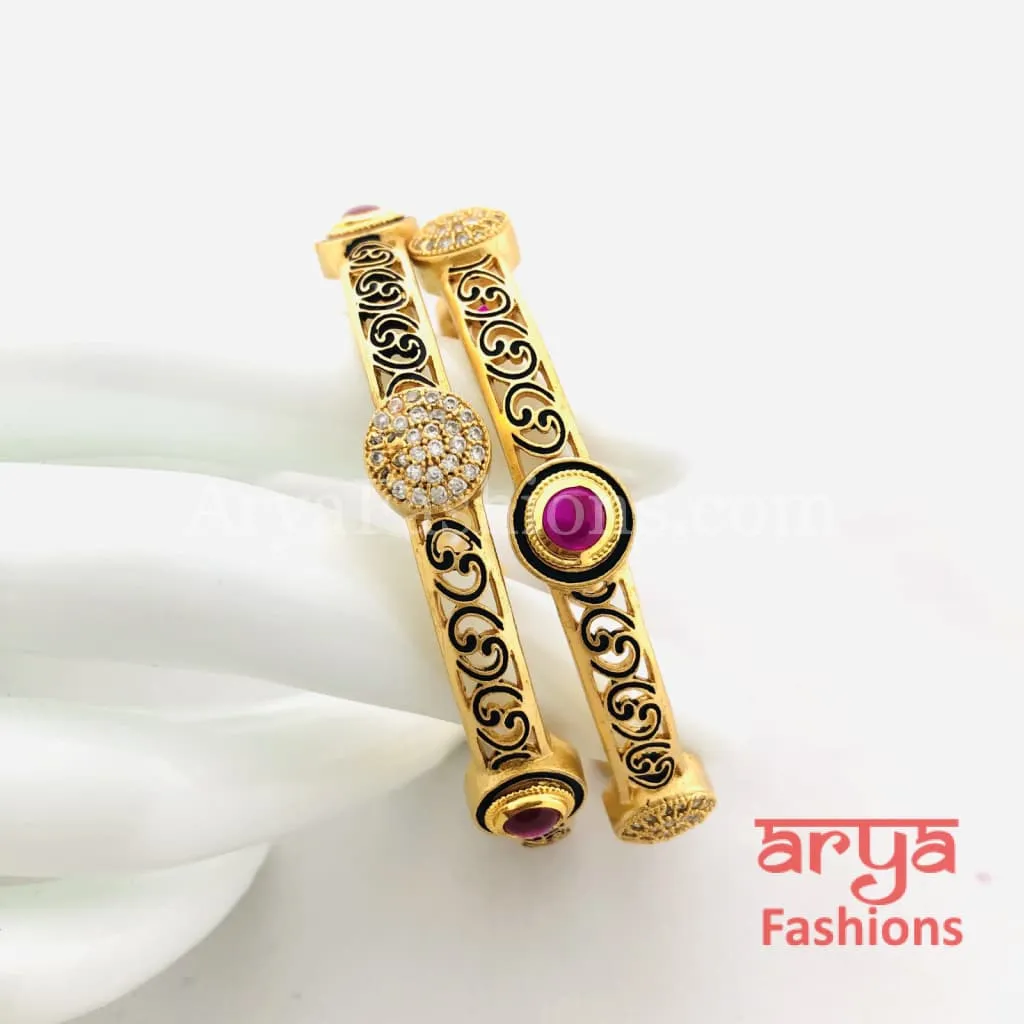 Golden Black Meenakari CZ Bangles with Ruby Kemp Stones