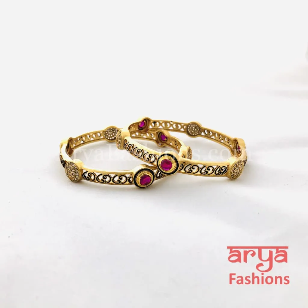 Golden Black Meenakari CZ Bangles with Ruby Kemp Stones