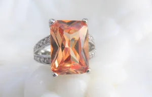 Gorgeous Peach Fancy Emerald Cut Faux Diamond Ring 1980s Sterling Silver