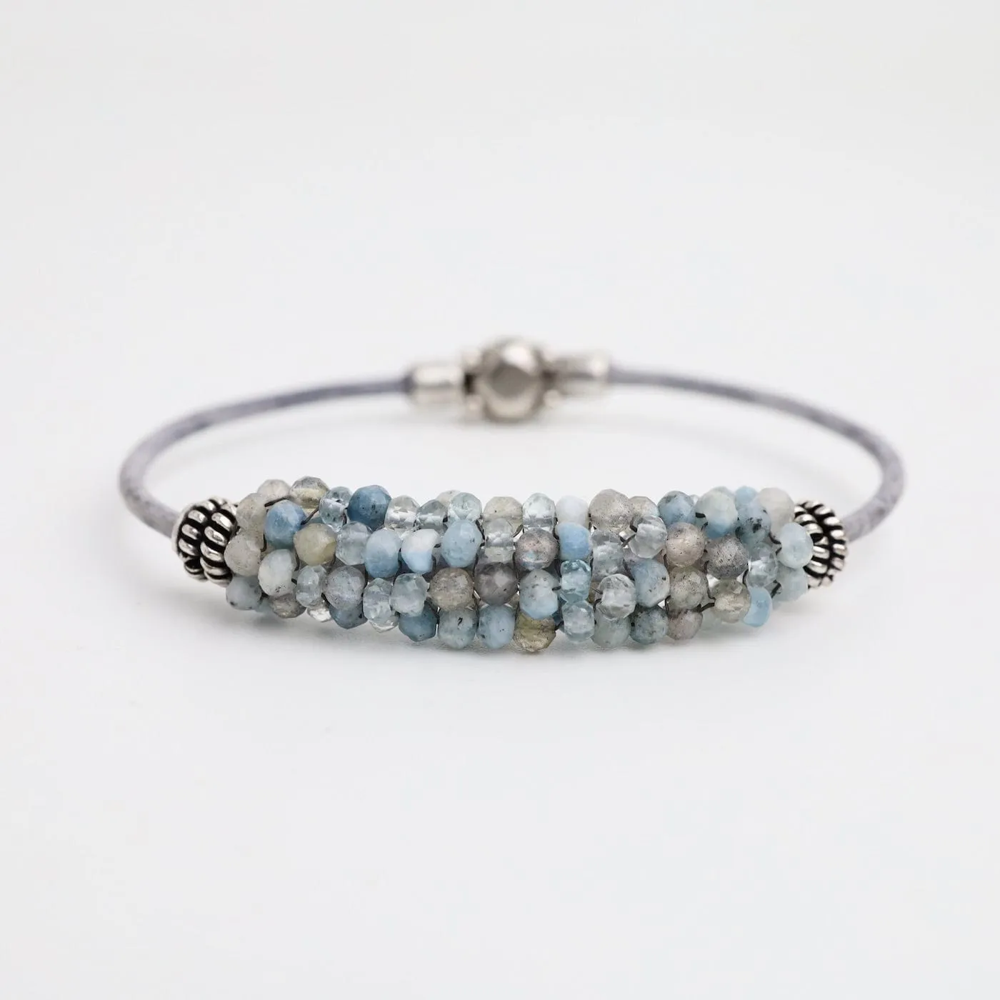 Hand Stitched Aquamarine, Blue Labradorite & Larimar Leather Bracelet