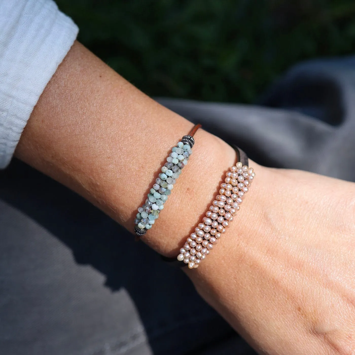 Hand Stitched Aquamarine, Blue Labradorite & Larimar on Leather Bracelet