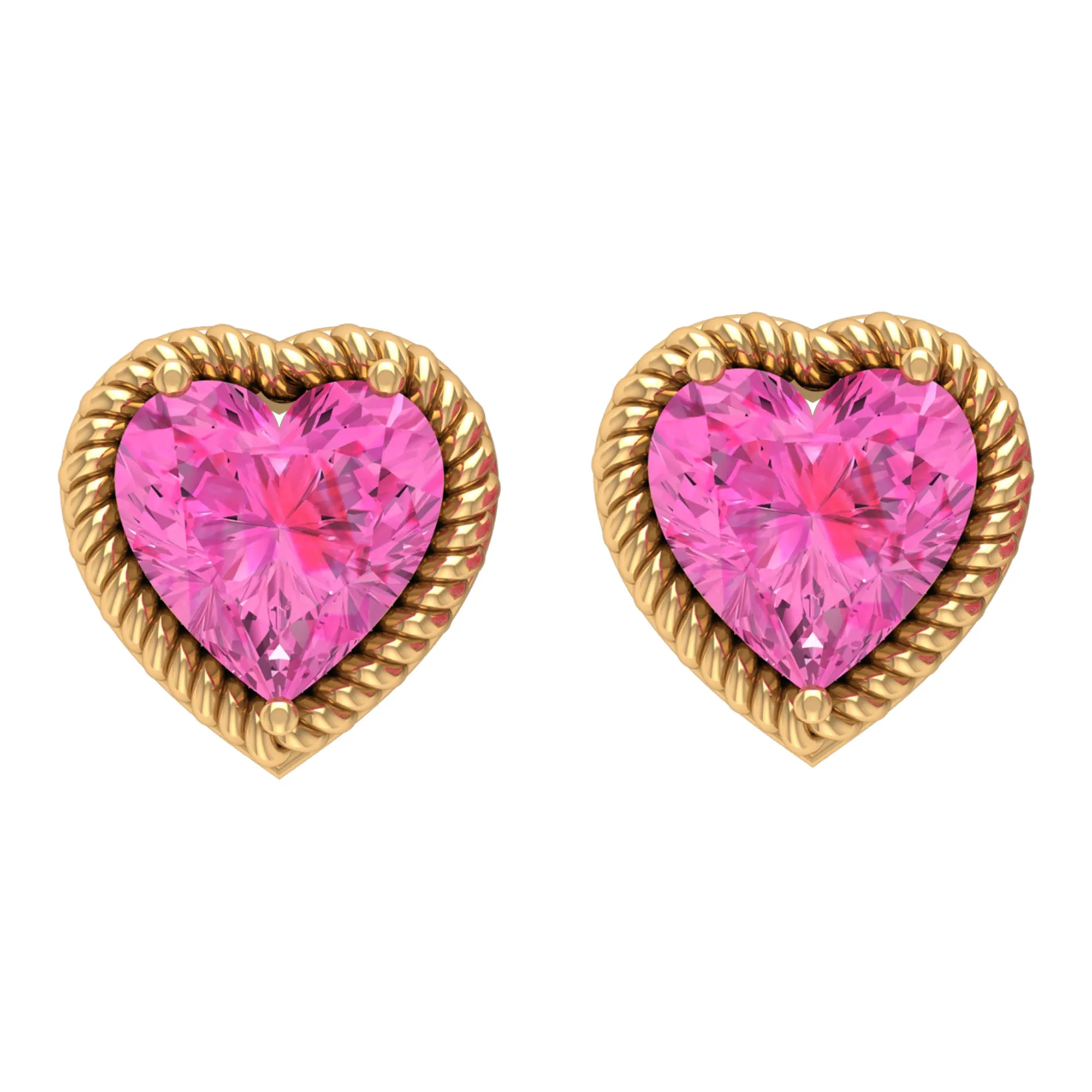 Heart Shape Pink Sapphire Solitaire Stud Earrings in Rope Frame